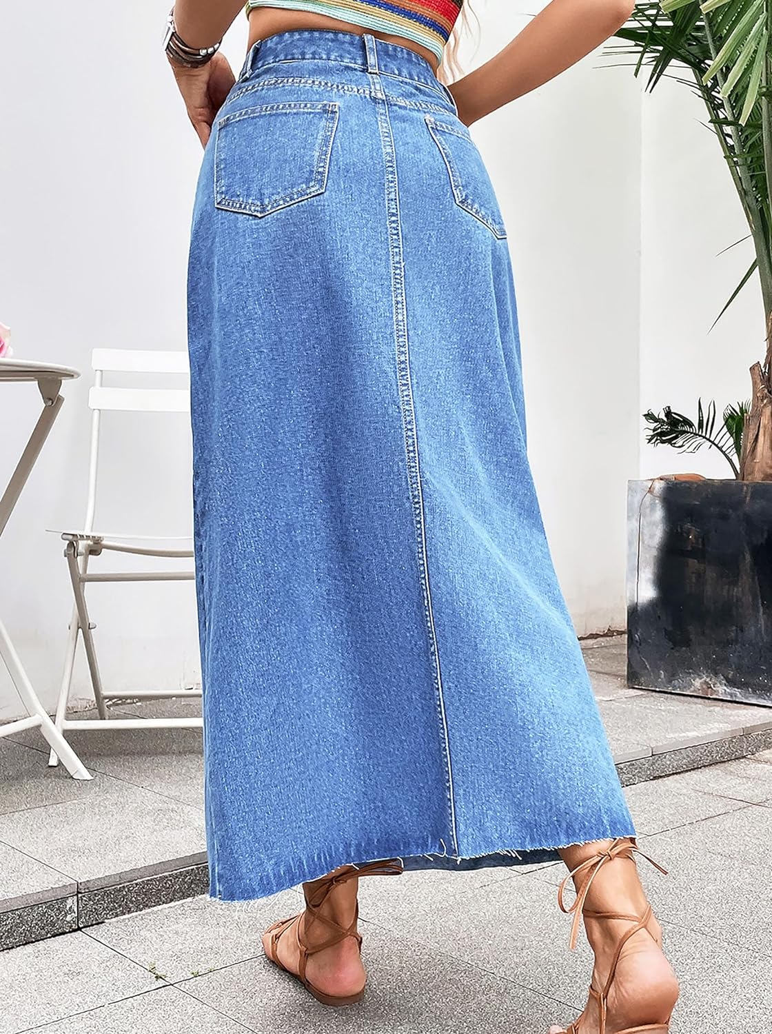 MISS MOLY Women's Maxi Long Denim Skirts High Waist Frayed Raw Hem Split A line Flare Jean Skirt with Pockets