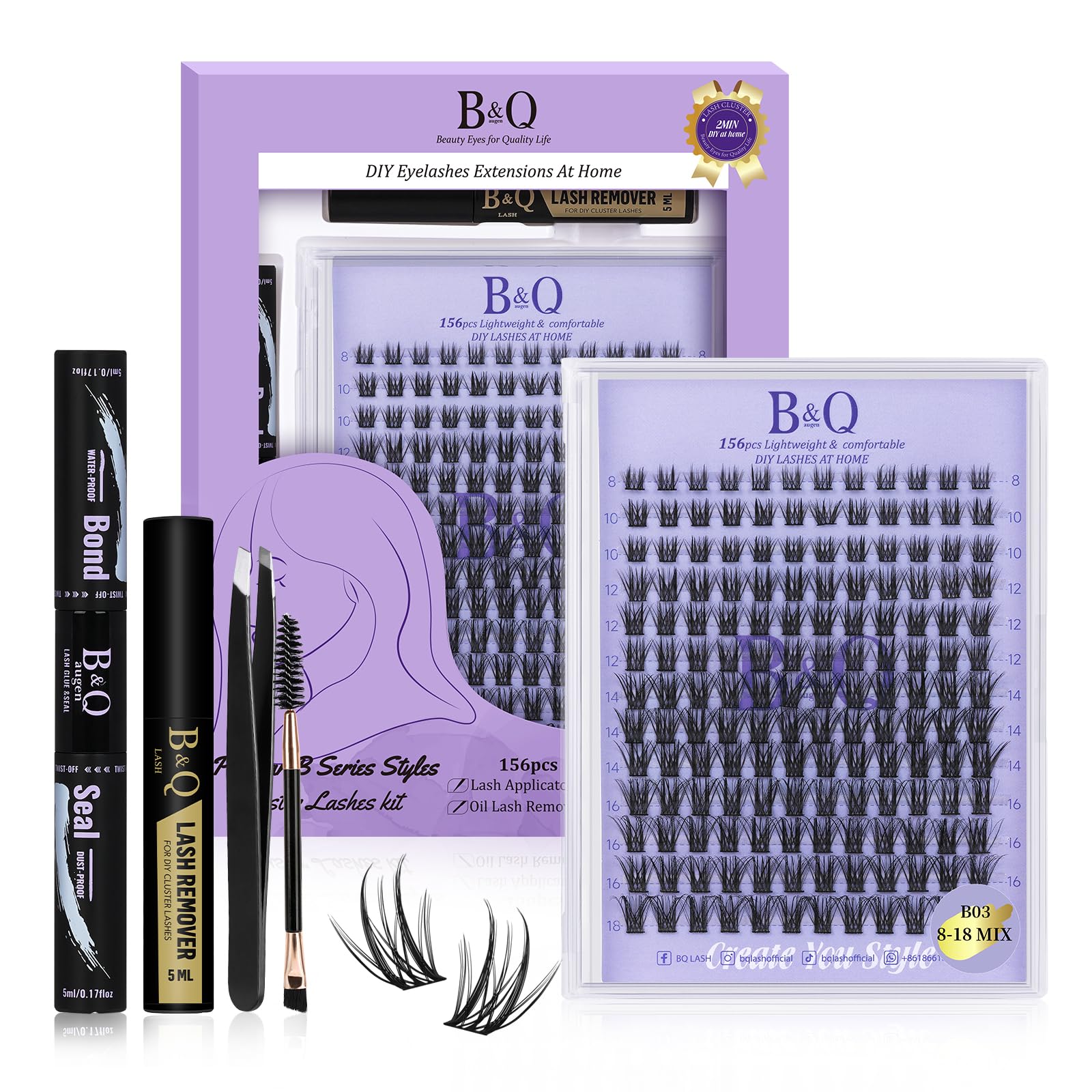 DIY Lash Extension Kit Individual Eyelash Extension Kit B&Q D Curl Cluster Lashes Individual Eyelashes with Lash Bond and Seal, Lash Applicator Tool DIY Lash Extensions at Home (Kit,40D-0.07D-8-18mix)