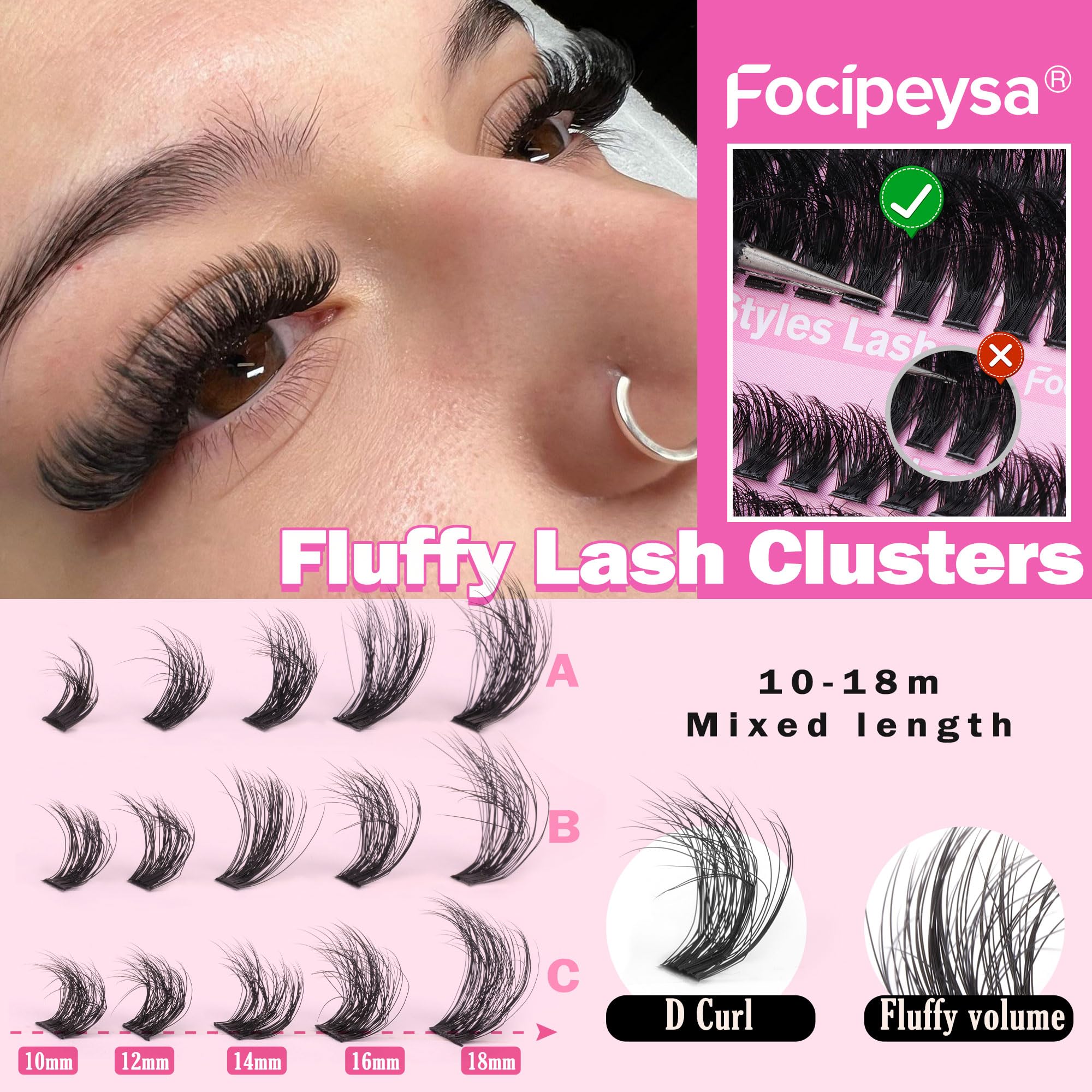 DIY Eyelash Extension Kit Volume Fluffy Lash Clusters Kit 10-18mm Thick Lash Extensions 90D Individual Eyelashes Extensions Kit with Lash Bond, Lash Remover, Lash Applicator (90D-D Curl-200Pcs)