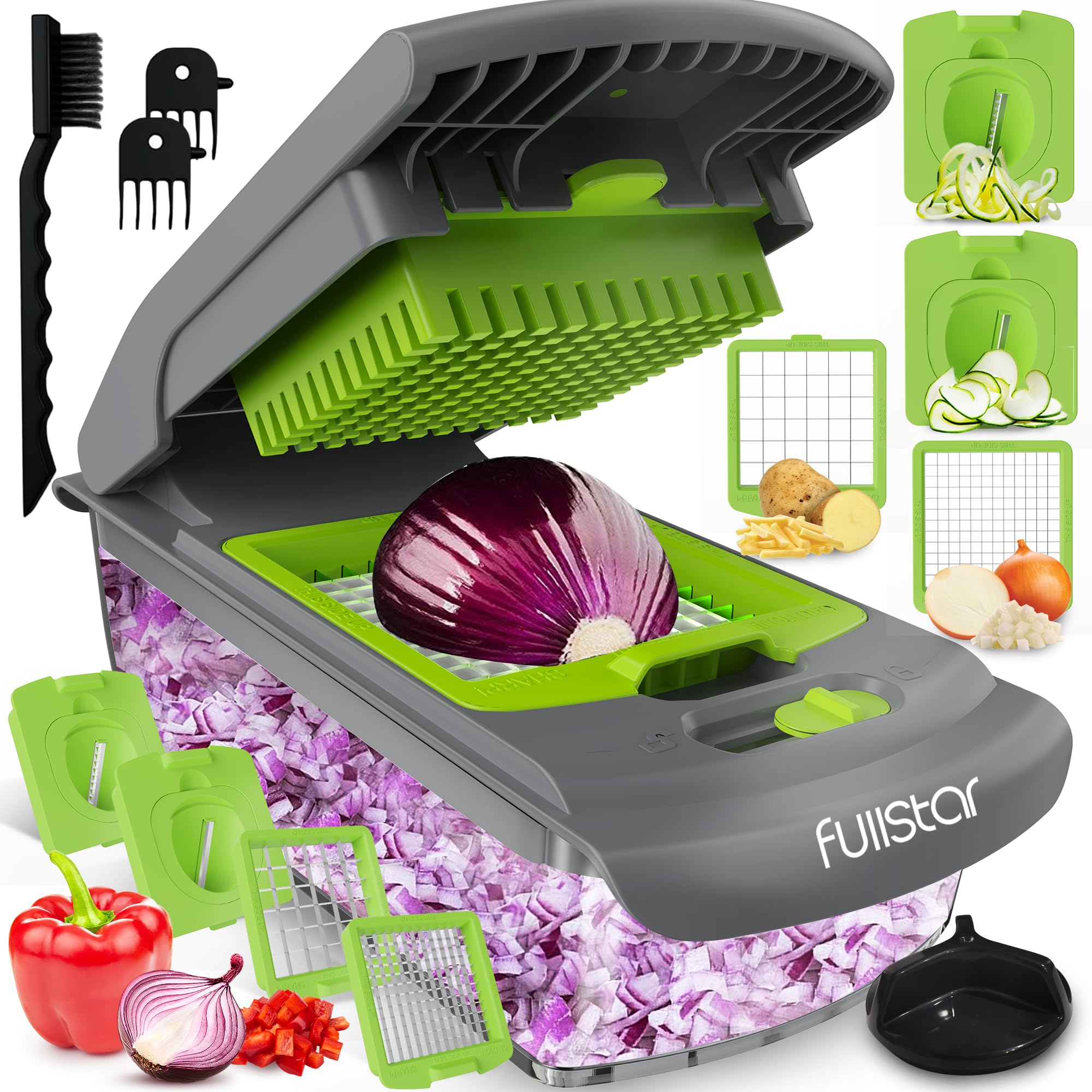 Fullstar Vegetable Chopper - Spiralizer Vegetable Slicer - Onion Chopper with Container - Pro Food Chopper - Slicer Dicer Cutter - Kitchen Gadgets (9 in 1, White)