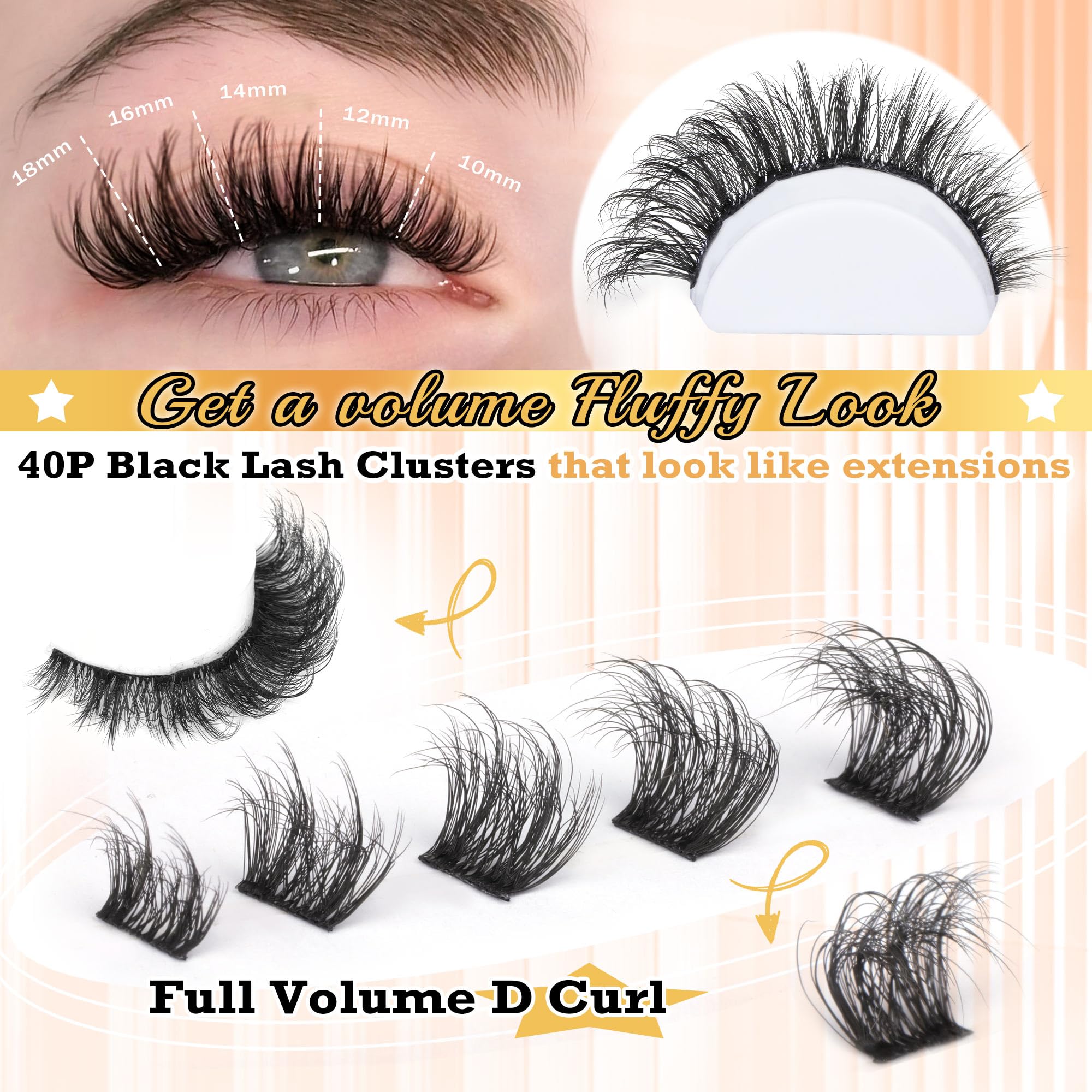 DIY Eyelash Extension Kit Volume Fluffy Lash Clusters Kit 10-18mm Thick Lash Extensions 90D Individual Eyelashes Extensions Kit with Lash Bond, Lash Remover, Lash Applicator (90D-D Curl-200Pcs)