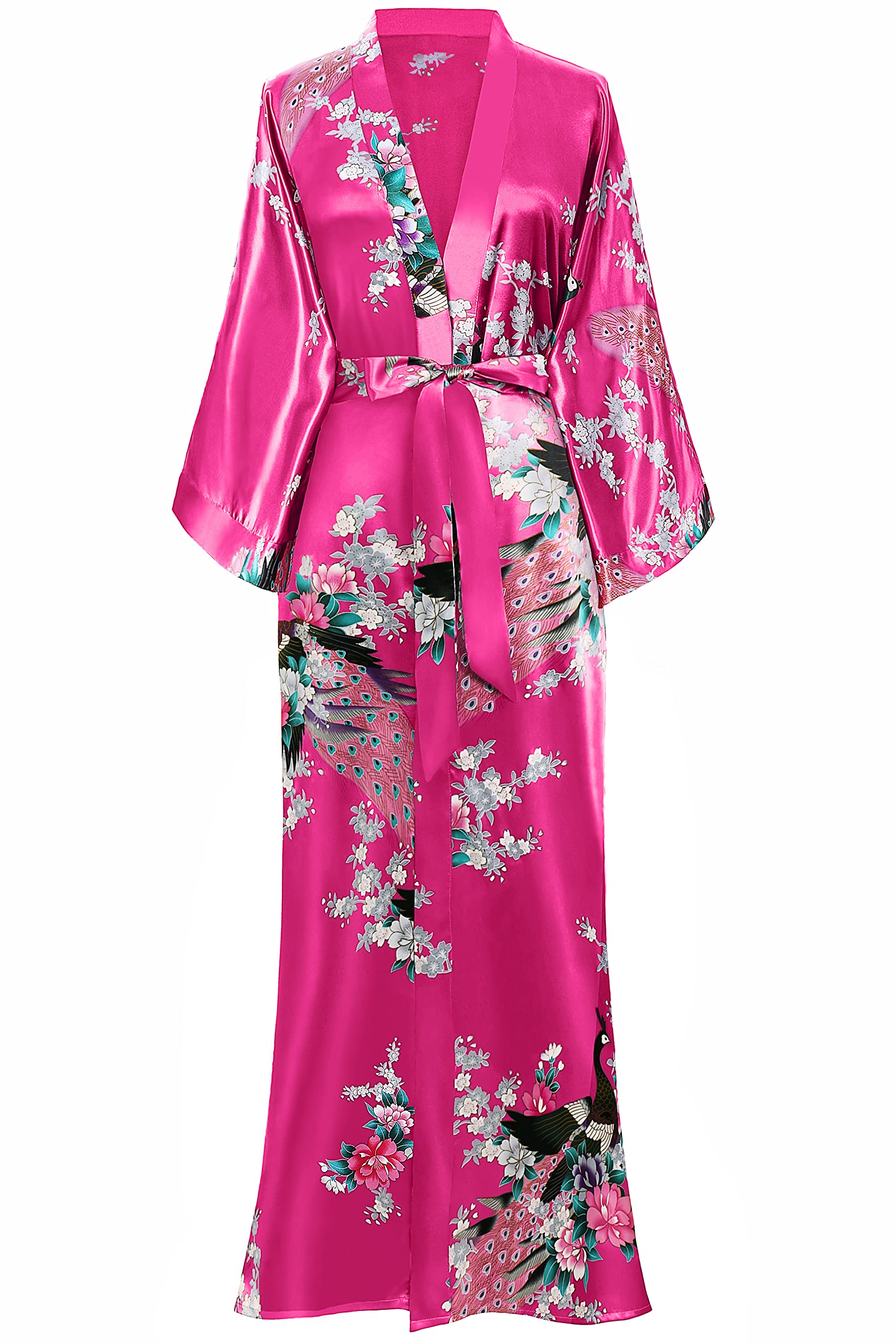 BABEYOND Women's Kimono Robe Long Satin Robes with Peacock and Blossoms Printed Kimono Nightgown