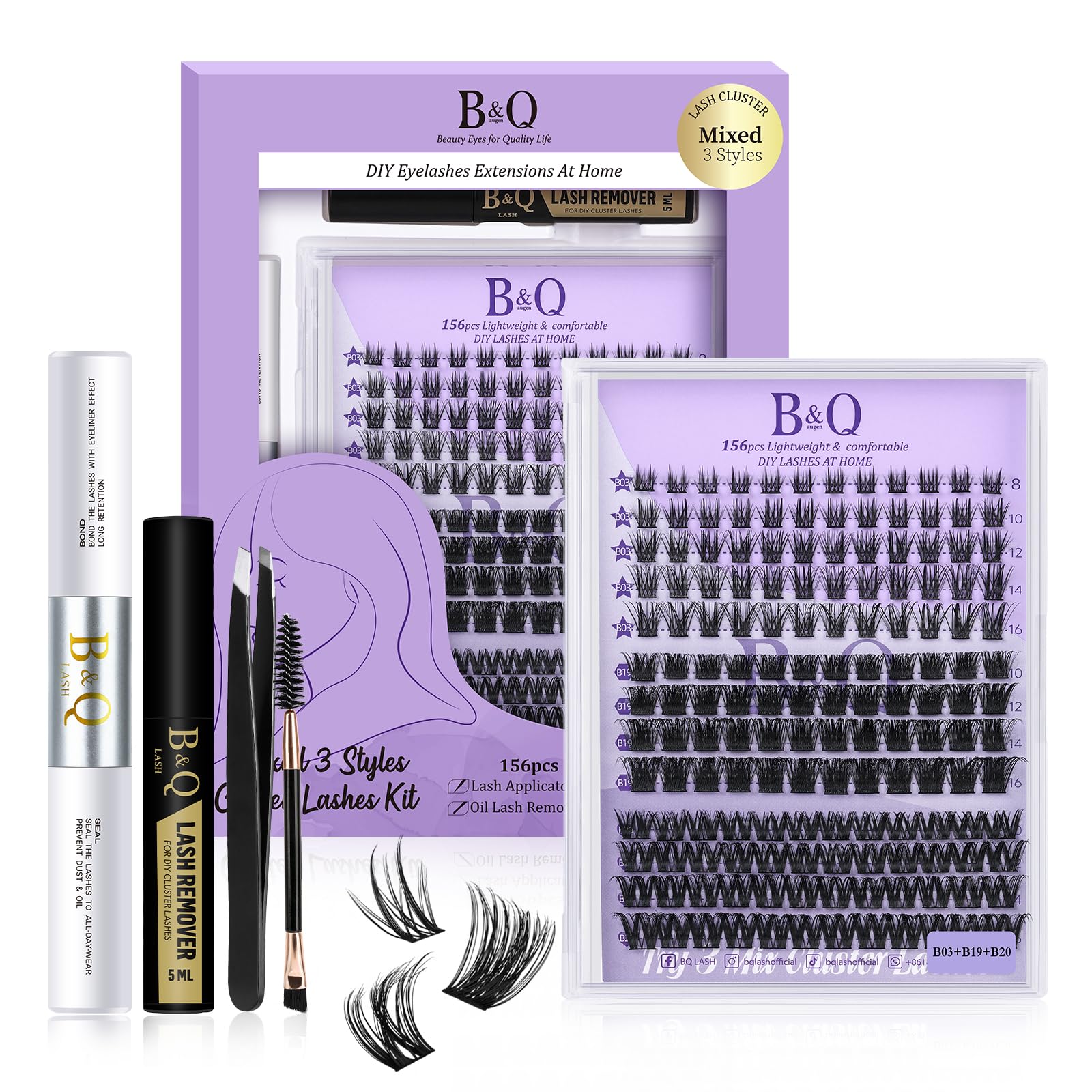 DIY Lash Extension Kit Individual Eyelash Extension Kit B&Q D Curl Cluster Lashes Individual Eyelashes with Lash Bond and Seal, Lash Applicator Tool DIY Lash Extensions at Home (Kit,40D-0.07D-8-18mix)