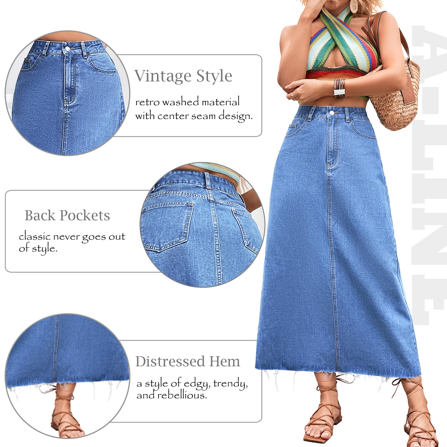 MISS MOLY Women's Maxi Long Denim Skirts High Waist Frayed Raw Hem Split A line Flare Jean Skirt with Pockets