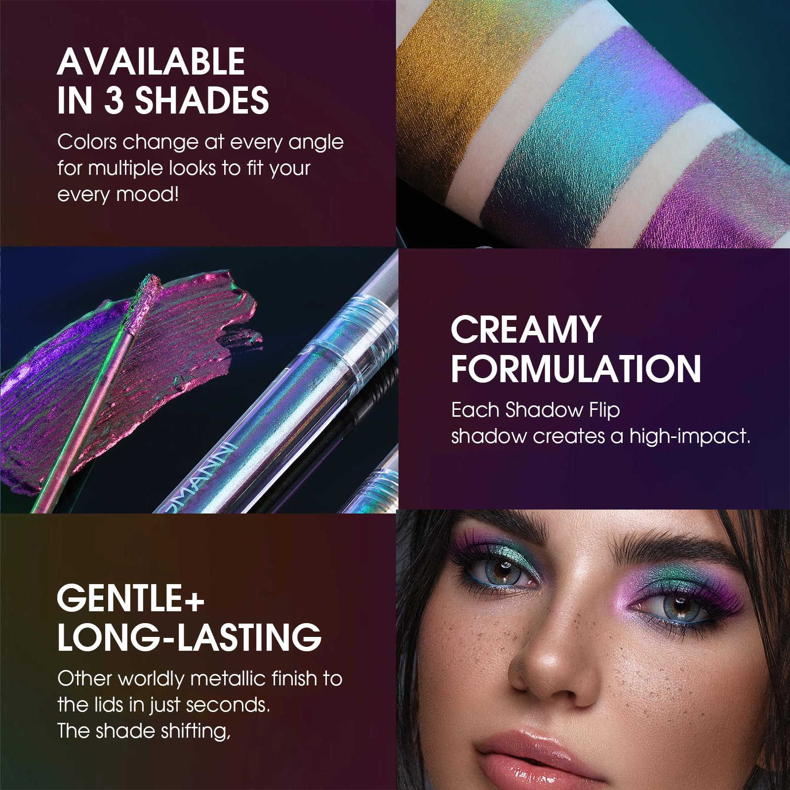 Jolilab Metallic Liquid Chameleon Eyeshadow, Multi-Dimensional Eye Looks, Long-lasting Holographic Glitter Multichrome Eyeshadows Makeup (#Peacock+Wonder+Ember)