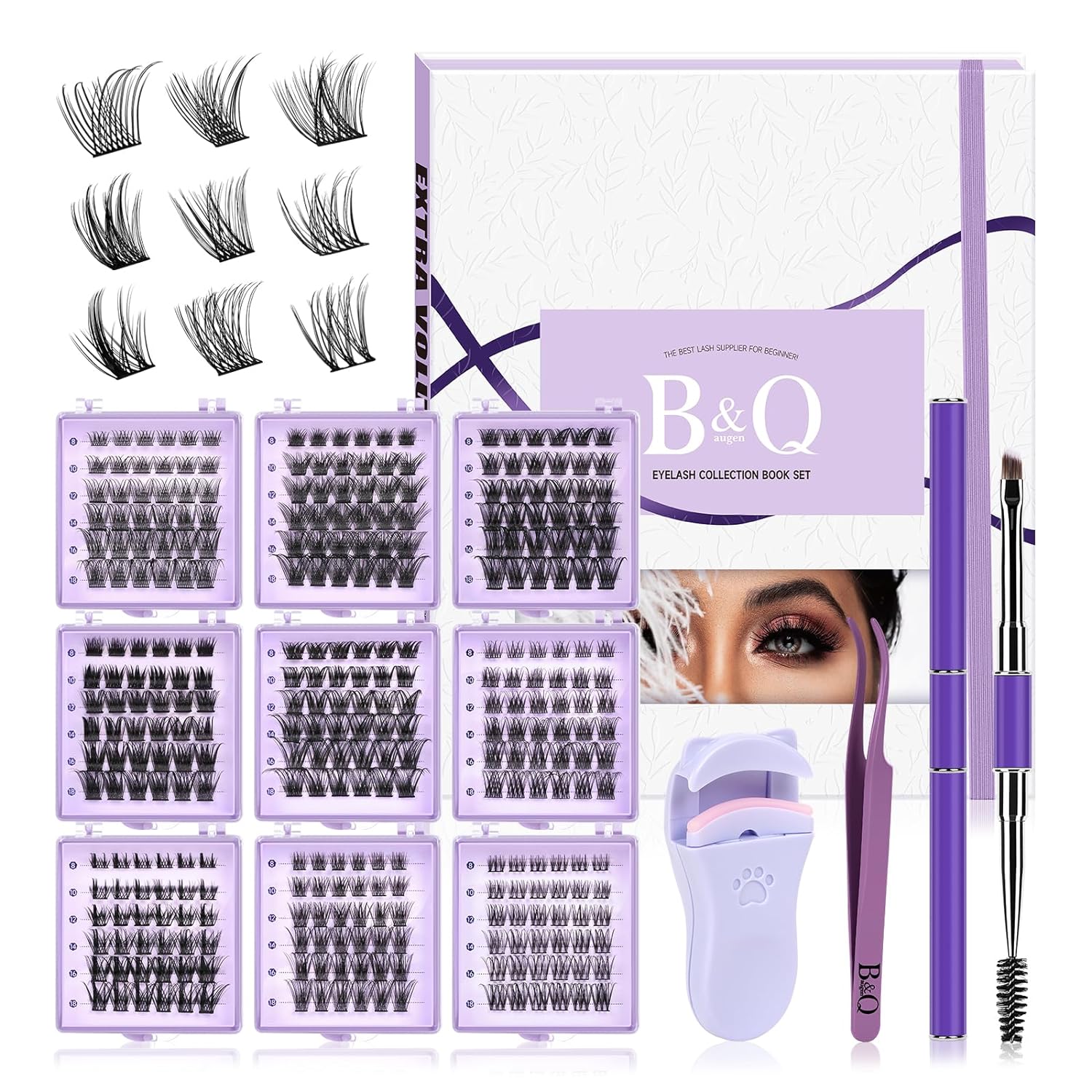 DIY Lash Extension Kit Individual Eyelash Extension Kit B&Q D Curl Cluster Lashes Individual Eyelashes with Lash Bond and Seal, Lash Applicator Tool DIY Lash Extensions at Home (Kit,40D-0.07D-8-18mix)