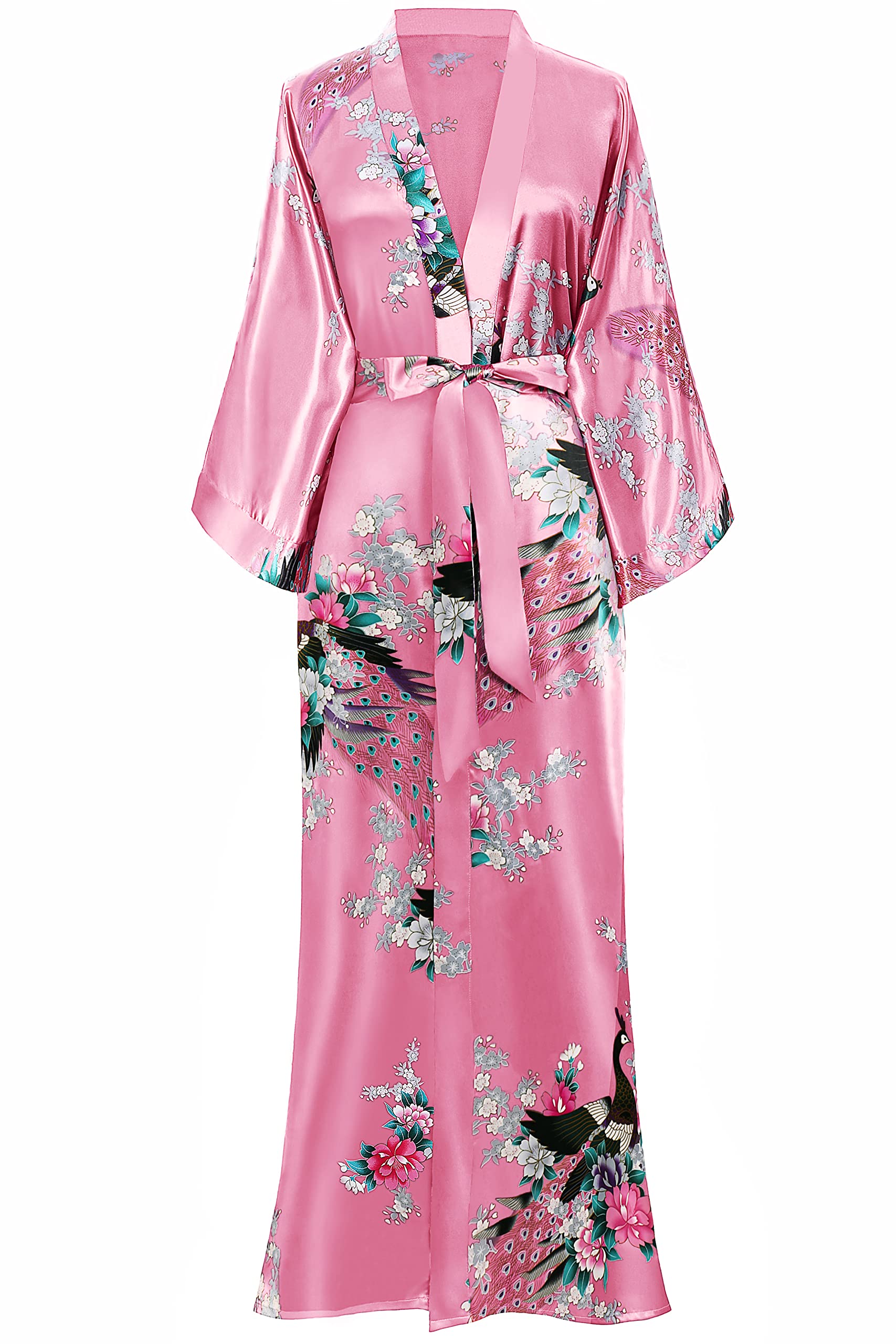 BABEYOND Women's Kimono Robe Long Satin Robes with Peacock and Blossoms Printed Kimono Nightgown