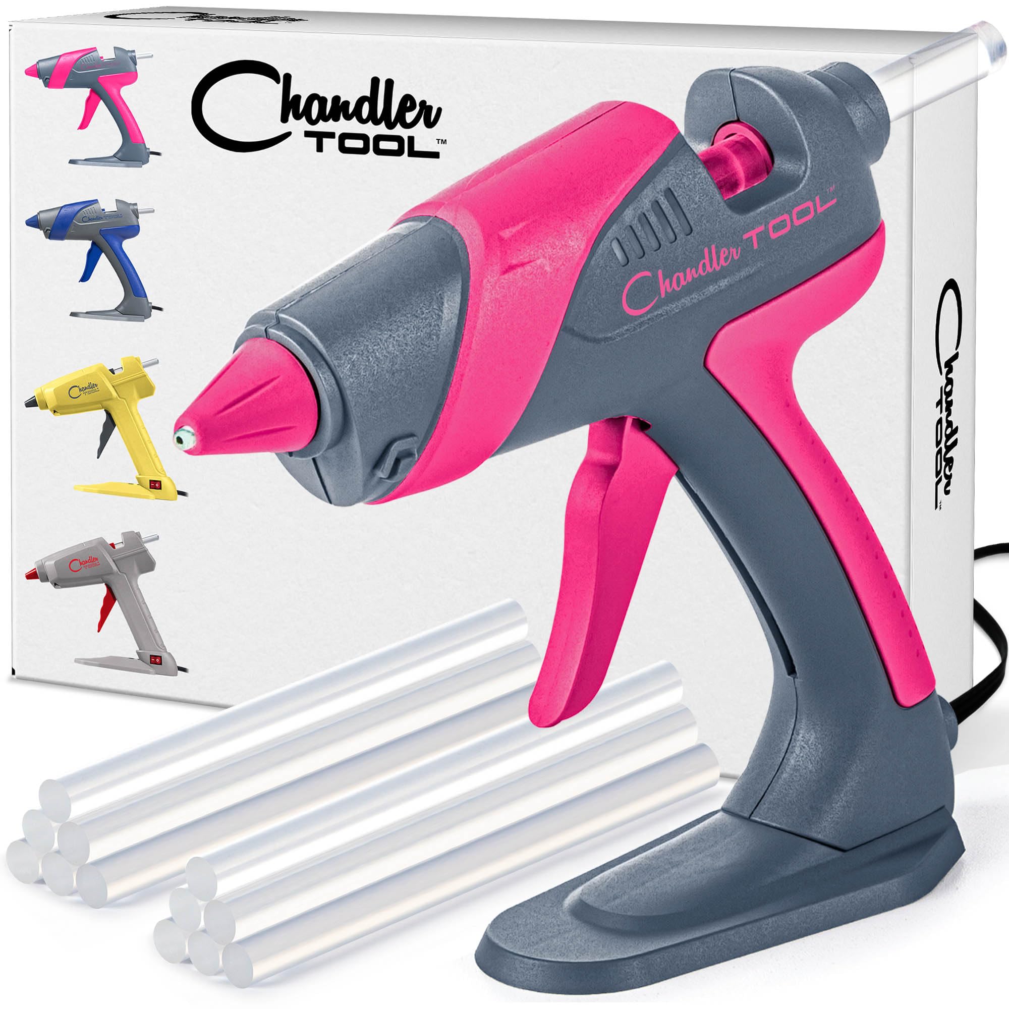 Full Size Hot Glue Gun Kit for Construction, DIY & Crafts, Chandler Tool 60W High Temp Large Glue Gun with Stand-Up base & 12 Glue Sticks, Perfect for Home Repair, Arts & Crafts, Pink