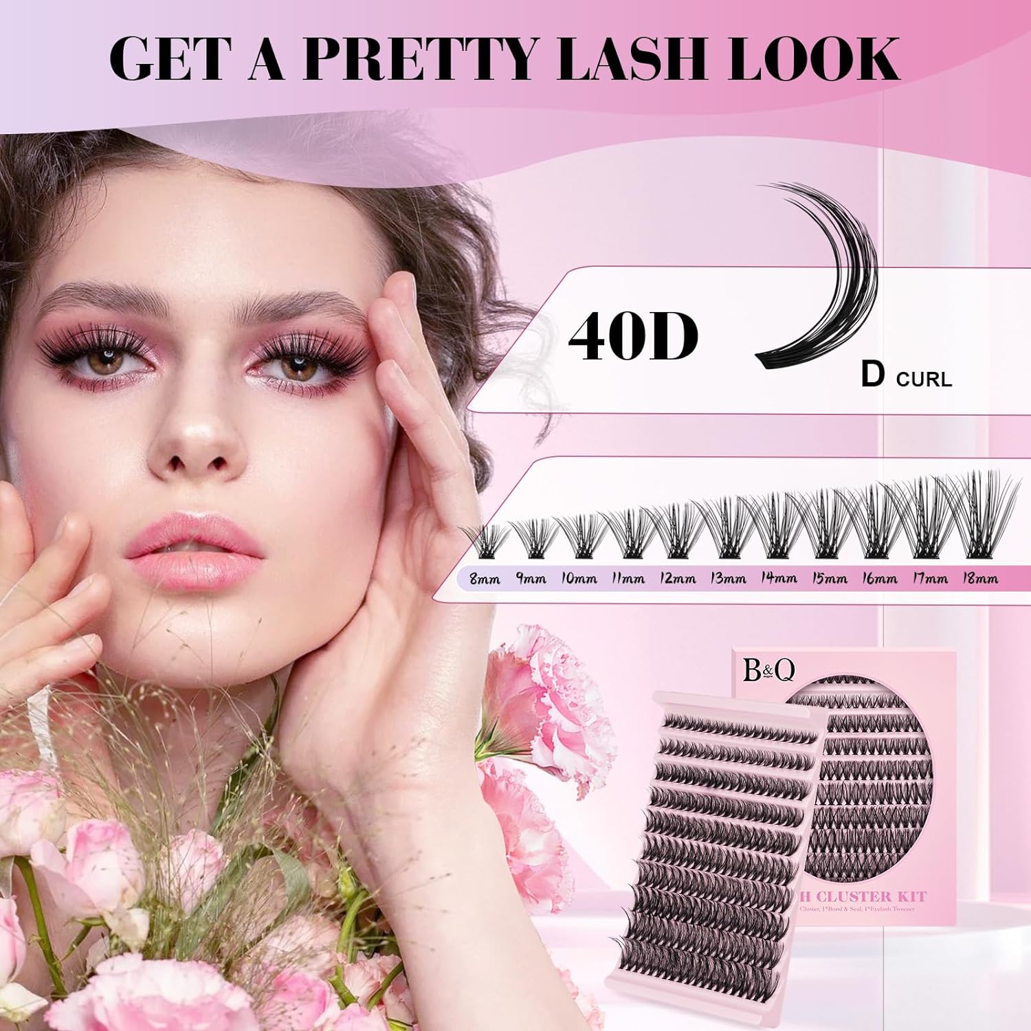 DIY Lash Extension Kit Individual Eyelash Extension Kit B&Q D Curl Cluster Lashes Individual Eyelashes with Lash Bond and Seal, Lash Applicator Tool DIY Lash Extensions at Home (Kit,40D-0.07D-8-18mix)