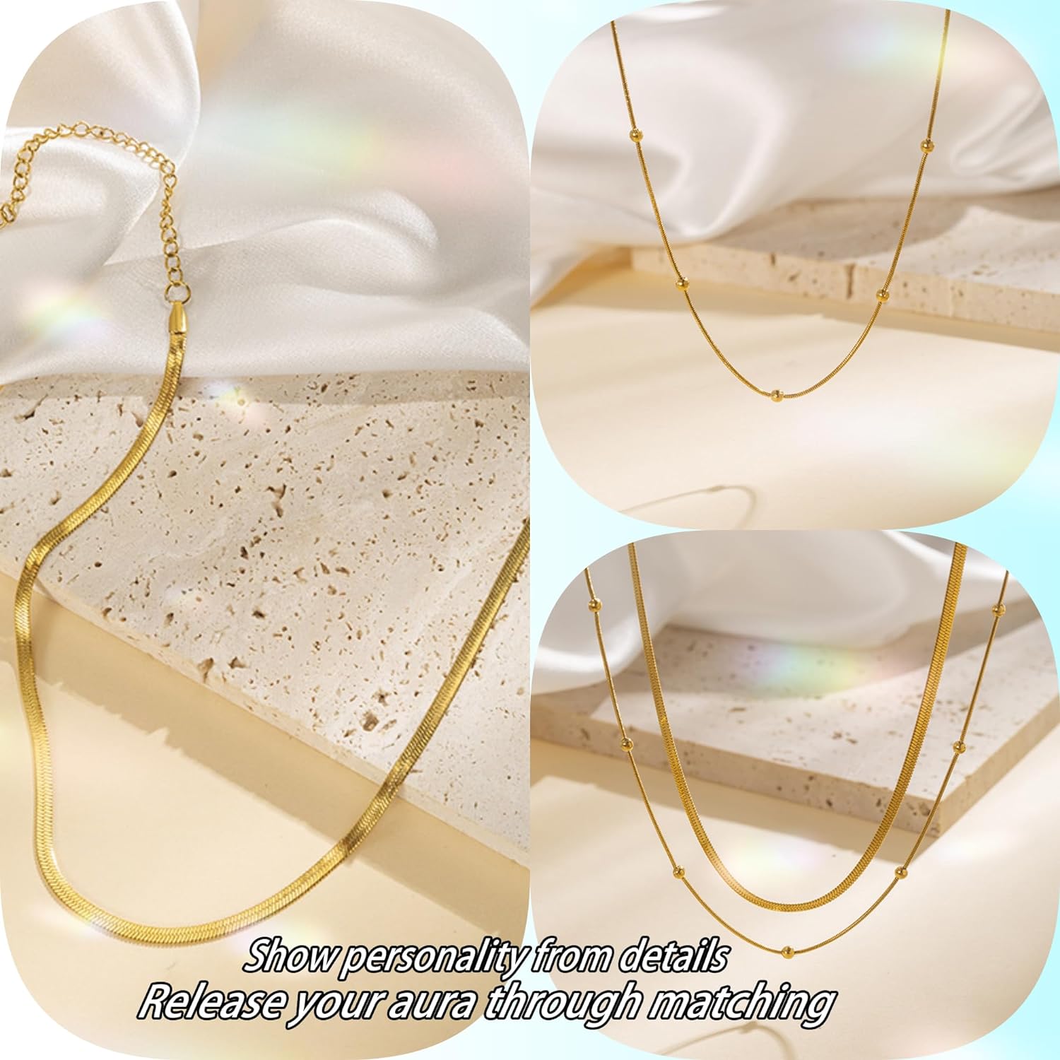 Gold Necklace For Women 2 Pcs Dainty 14k Gold Necklace Gold Layered Necklaces For Women Beaded Gold Necklace Suitable For Valentine's Day, Christmas, Best Gift For Daughter, Girlfriend, Mom