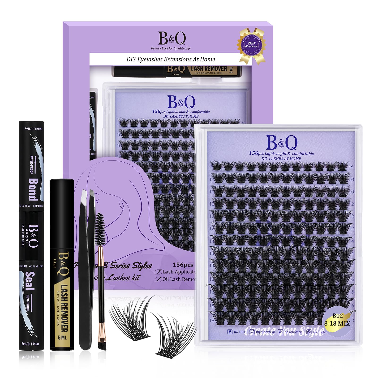 DIY Lash Extension Kit Individual Eyelash Extension Kit B&Q D Curl Cluster Lashes Individual Eyelashes with Lash Bond and Seal, Lash Applicator Tool DIY Lash Extensions at Home (Kit,40D-0.07D-8-18mix)