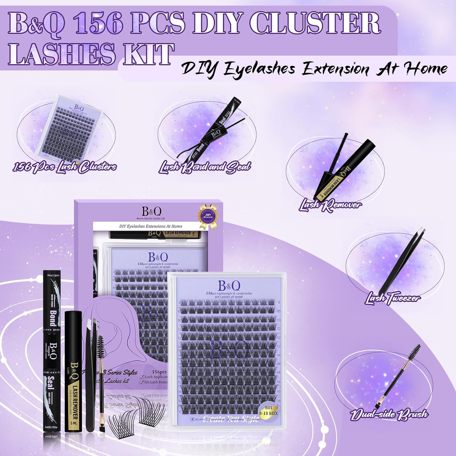 DIY Lash Extension Kit Individual Eyelash Extension Kit B&Q D Curl Cluster Lashes Individual Eyelashes with Lash Bond and Seal, Lash Applicator Tool DIY Lash Extensions at Home (Kit,40D-0.07D-8-18mix)