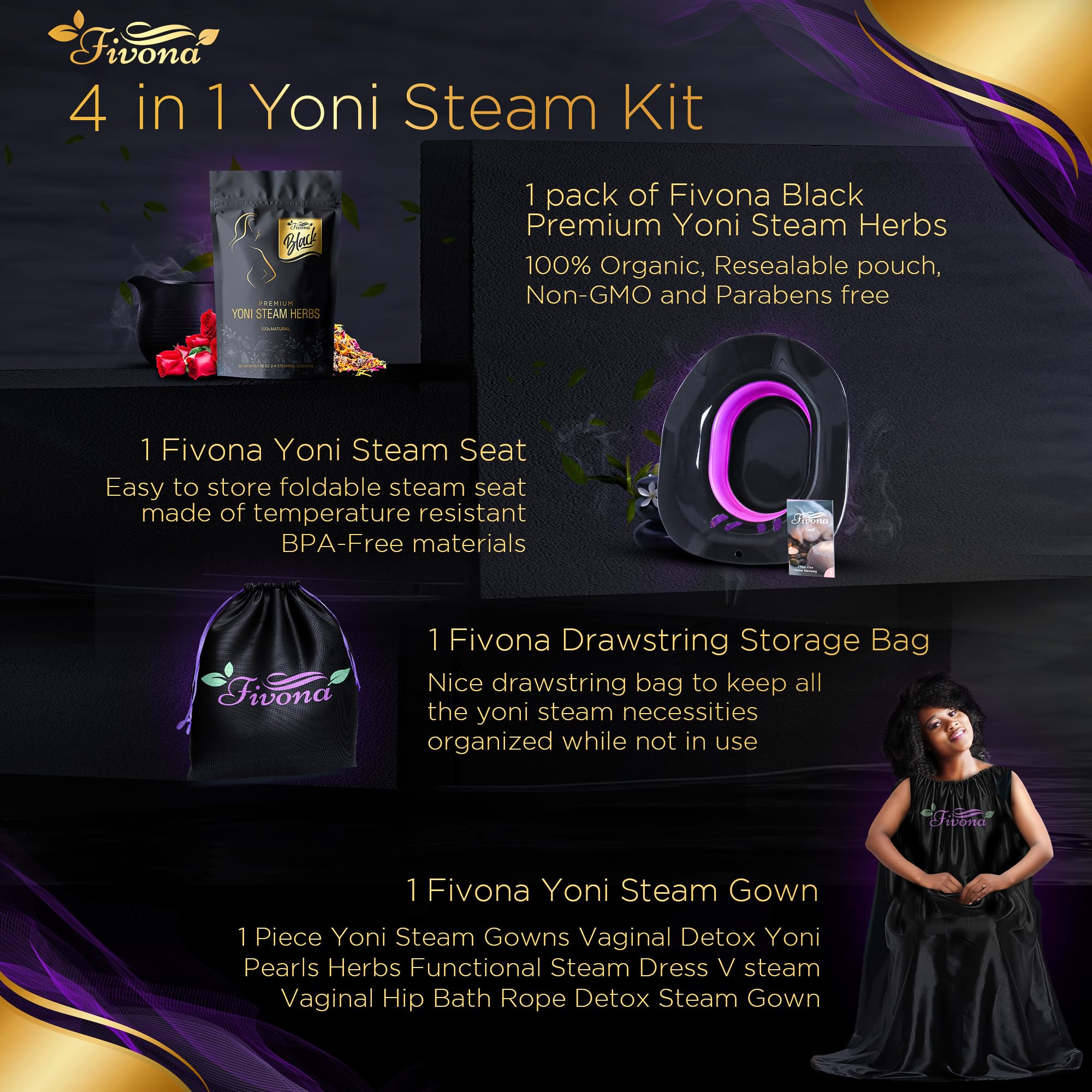 FIVONA 4 in 1 Yoni Steam Kit Black - Foldable Over The Toilet Steamer Seat with Herbal Blend, Storage Bag and Steam Gown - Effective Detox pH Balance Cleansing and Relaxation