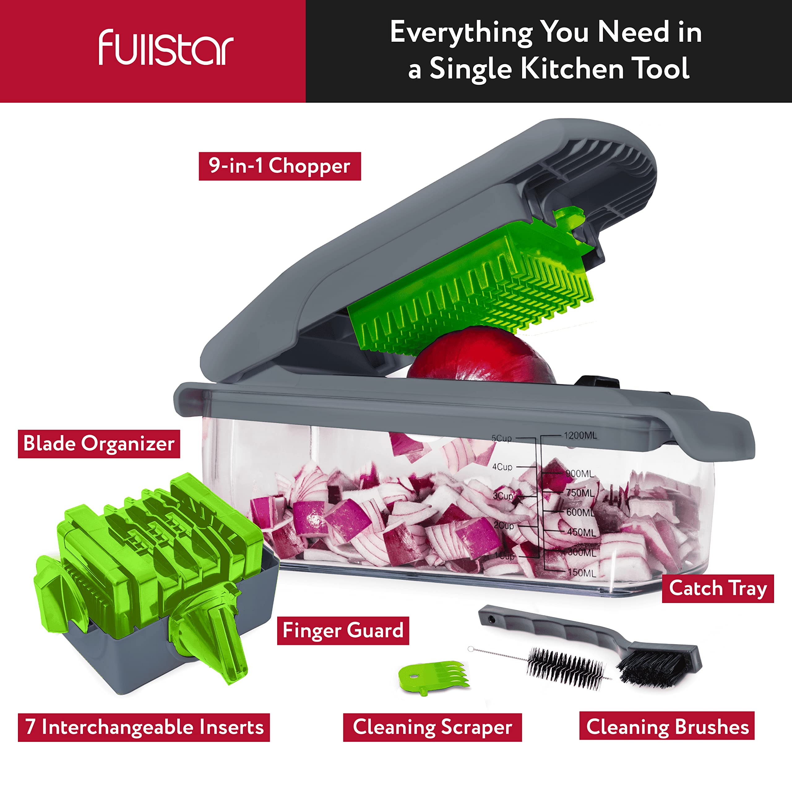 Fullstar Vegetable Chopper - Spiralizer Vegetable Slicer - Onion Chopper with Container - Pro Food Chopper - Slicer Dicer Cutter - Kitchen Gadgets (9 in 1, White)