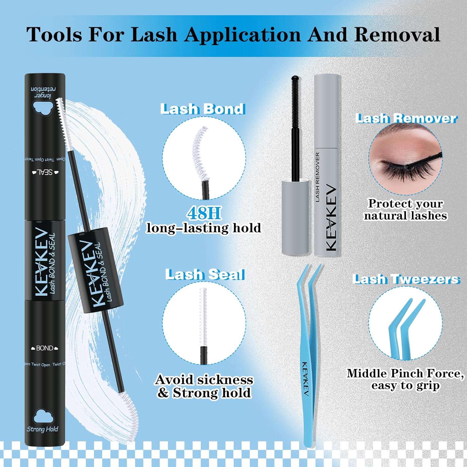 KevKev Lash Extension Kit Multi-Type Mixed Lash Clusters Kit Upper & Bottom Individual Lashes with Lash Bond and Seal Lash Remover Lash Applicator for Self Application (7D+20D+40D, D-5-16mix)