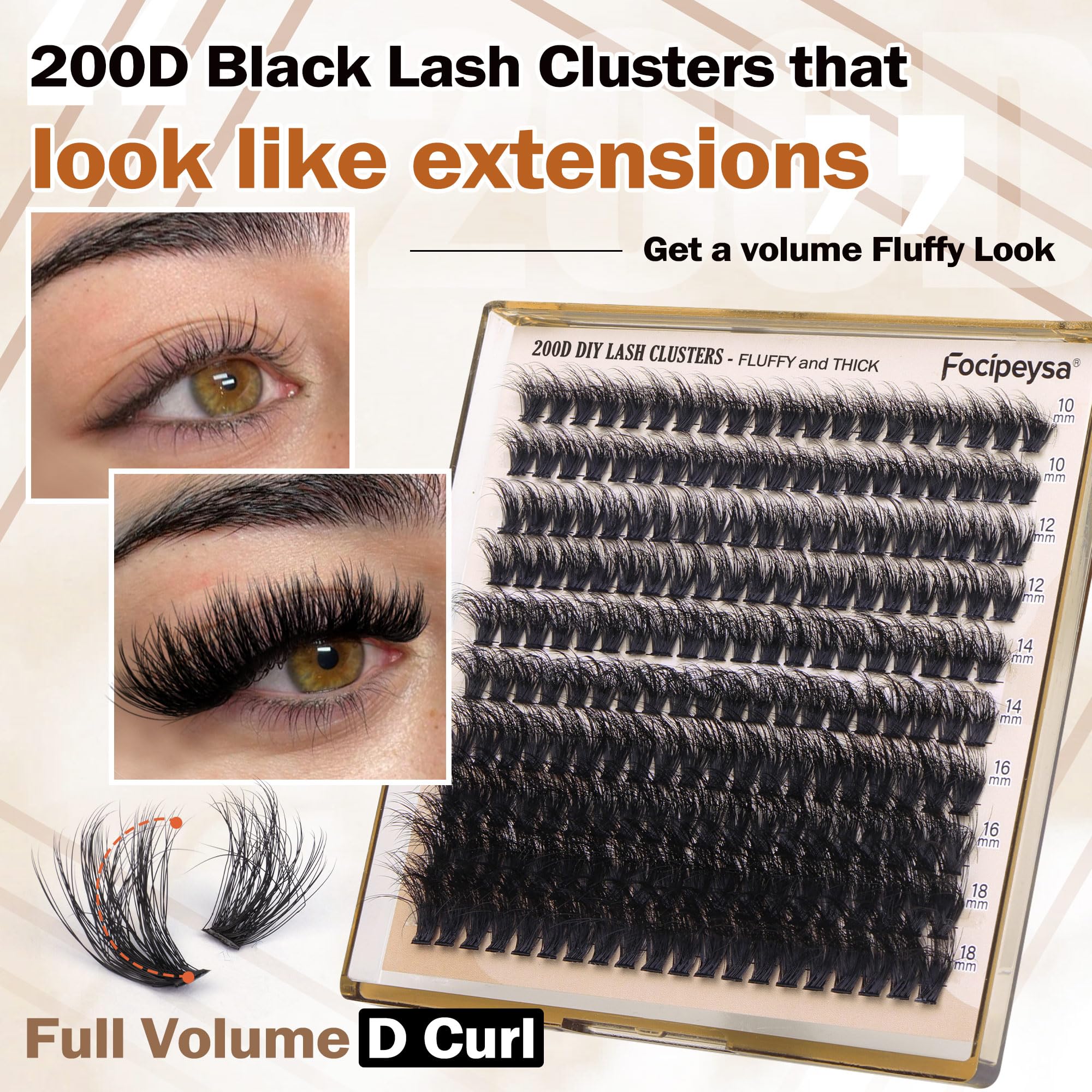 DIY Eyelash Extension Kit Volume Fluffy Lash Clusters Kit 10-18mm Thick Lash Extensions 90D Individual Eyelashes Extensions Kit with Lash Bond, Lash Remover, Lash Applicator (90D-D Curl-200Pcs)