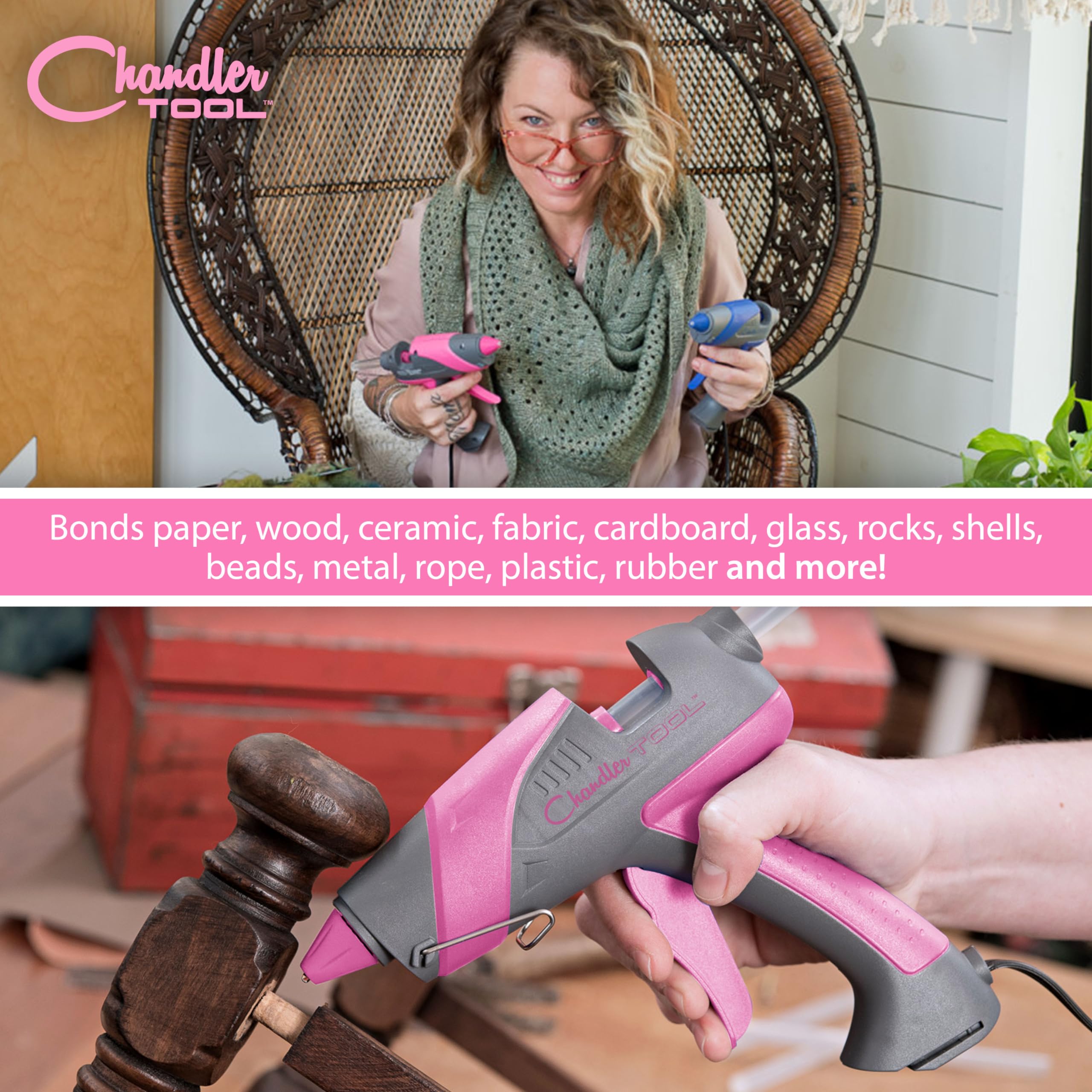 Full Size Hot Glue Gun Kit for Construction, DIY & Crafts, Chandler Tool 60W High Temp Large Glue Gun with Stand-Up base & 12 Glue Sticks, Perfect for Home Repair, Arts & Crafts, Pink