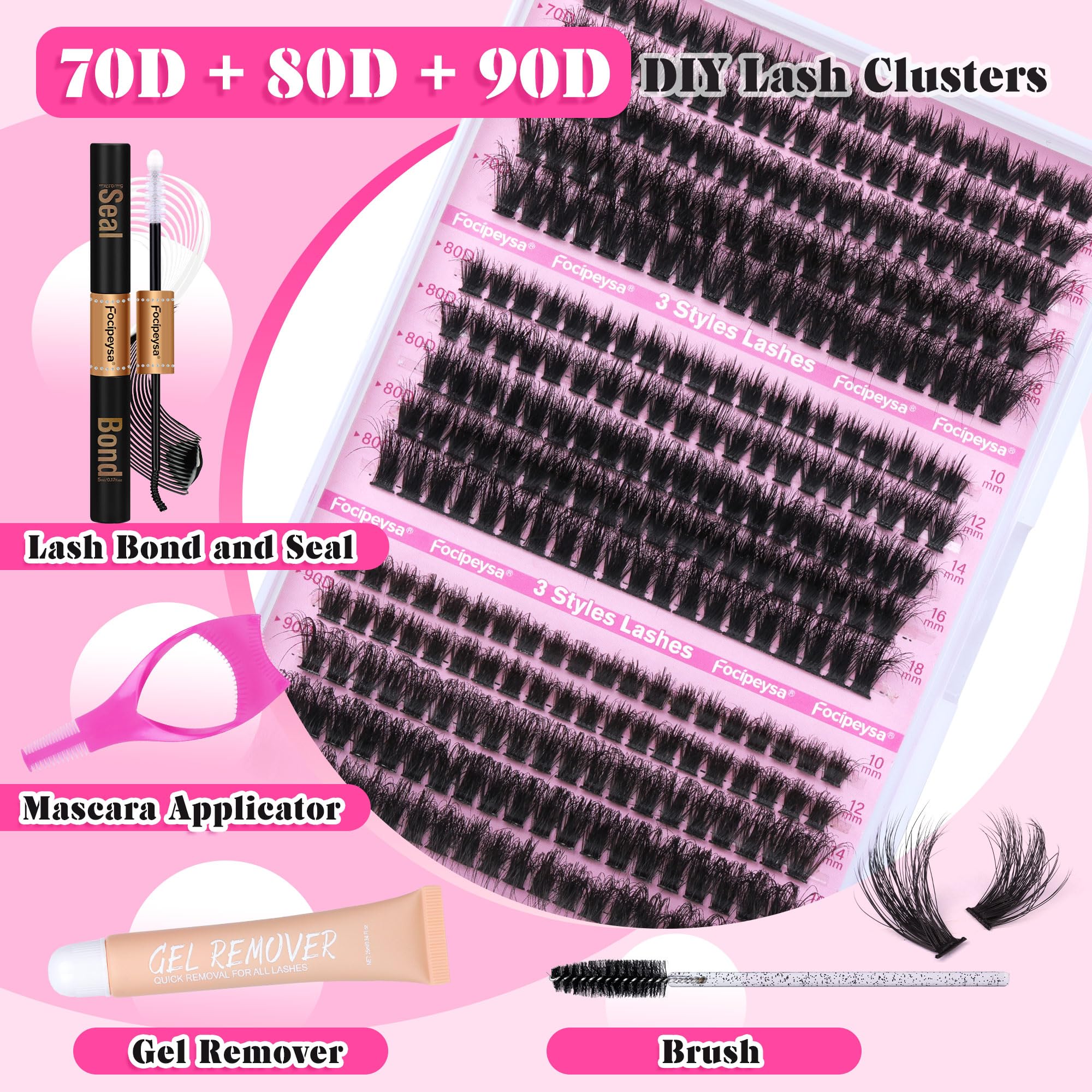 DIY Eyelash Extension Kit Volume Fluffy Lash Clusters Kit 10-18mm Thick Lash Extensions 90D Individual Eyelashes Extensions Kit with Lash Bond, Lash Remover, Lash Applicator (90D-D Curl-200Pcs)