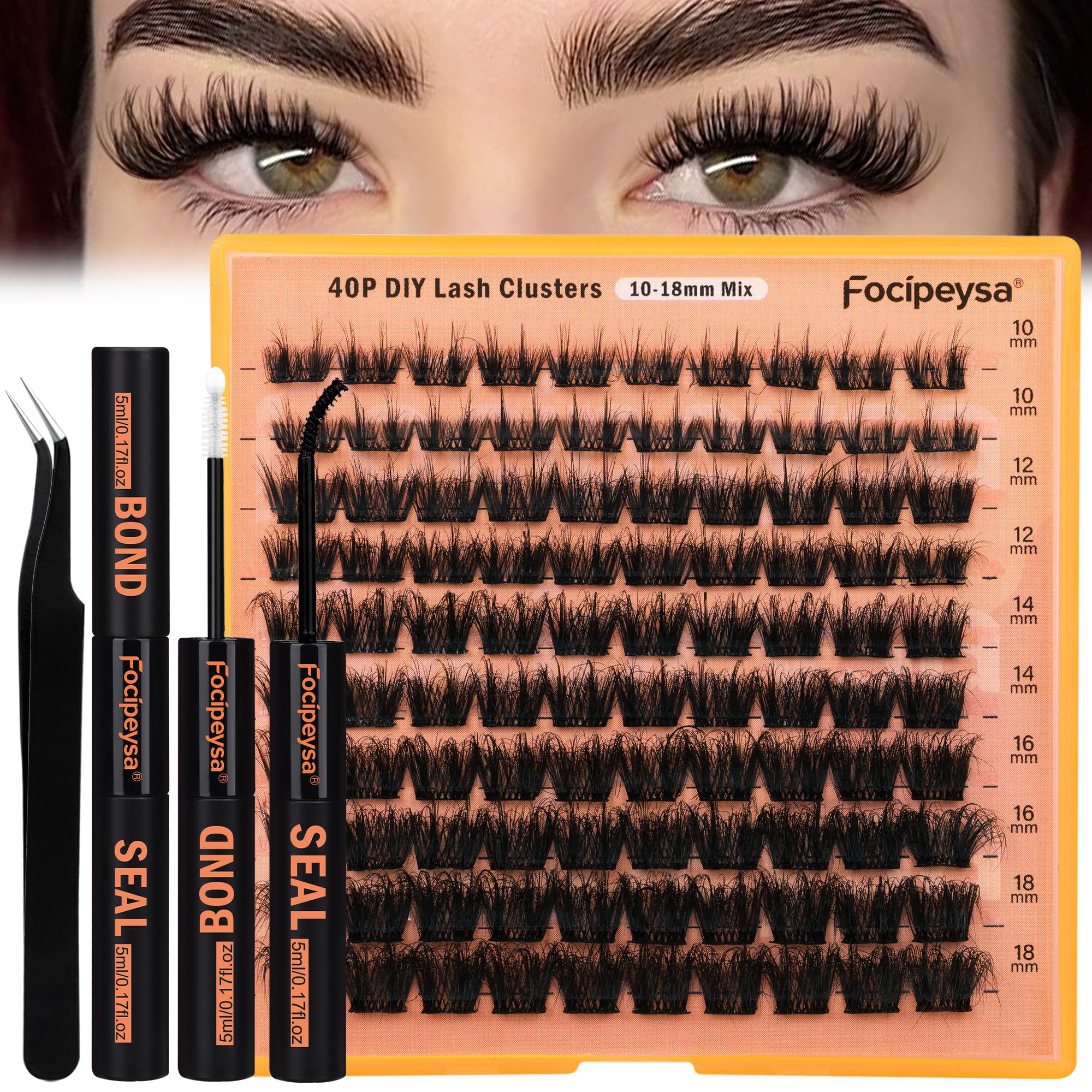 DIY Eyelash Extension Kit Volume Fluffy Lash Clusters Kit 10-18mm Thick Lash Extensions 90D Individual Eyelashes Extensions Kit with Lash Bond, Lash Remover, Lash Applicator (90D-D Curl-200Pcs)