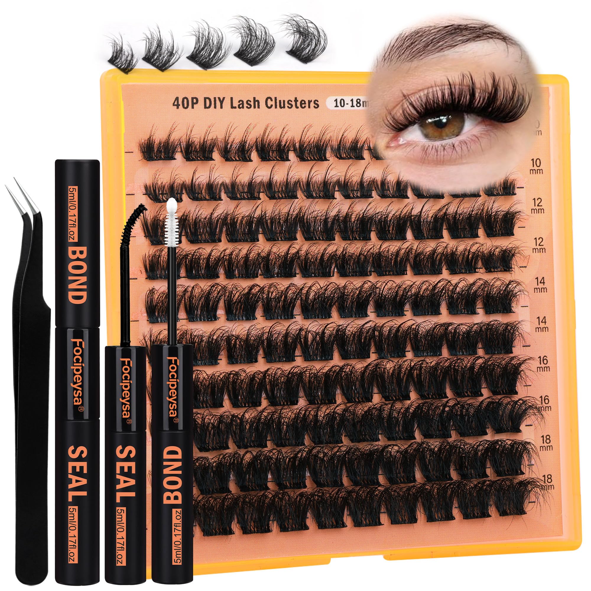 DIY Eyelash Extension Kit Volume Fluffy Lash Clusters Kit 10-18mm Thick Lash Extensions 90D Individual Eyelashes Extensions Kit with Lash Bond, Lash Remover, Lash Applicator (90D-D Curl-200Pcs)