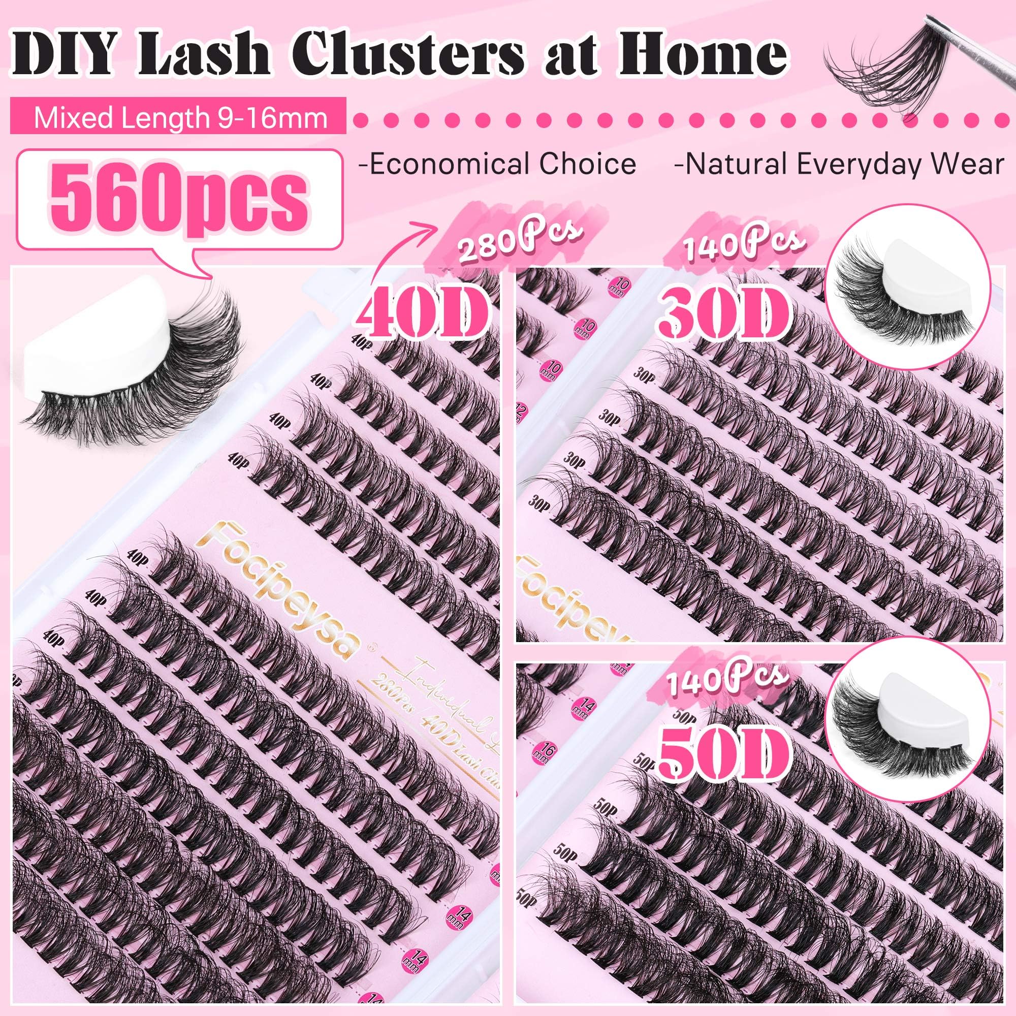 DIY Eyelash Extension Kit Volume Fluffy Lash Clusters Kit 10-18mm Thick Lash Extensions 90D Individual Eyelashes Extensions Kit with Lash Bond, Lash Remover, Lash Applicator (90D-D Curl-200Pcs)