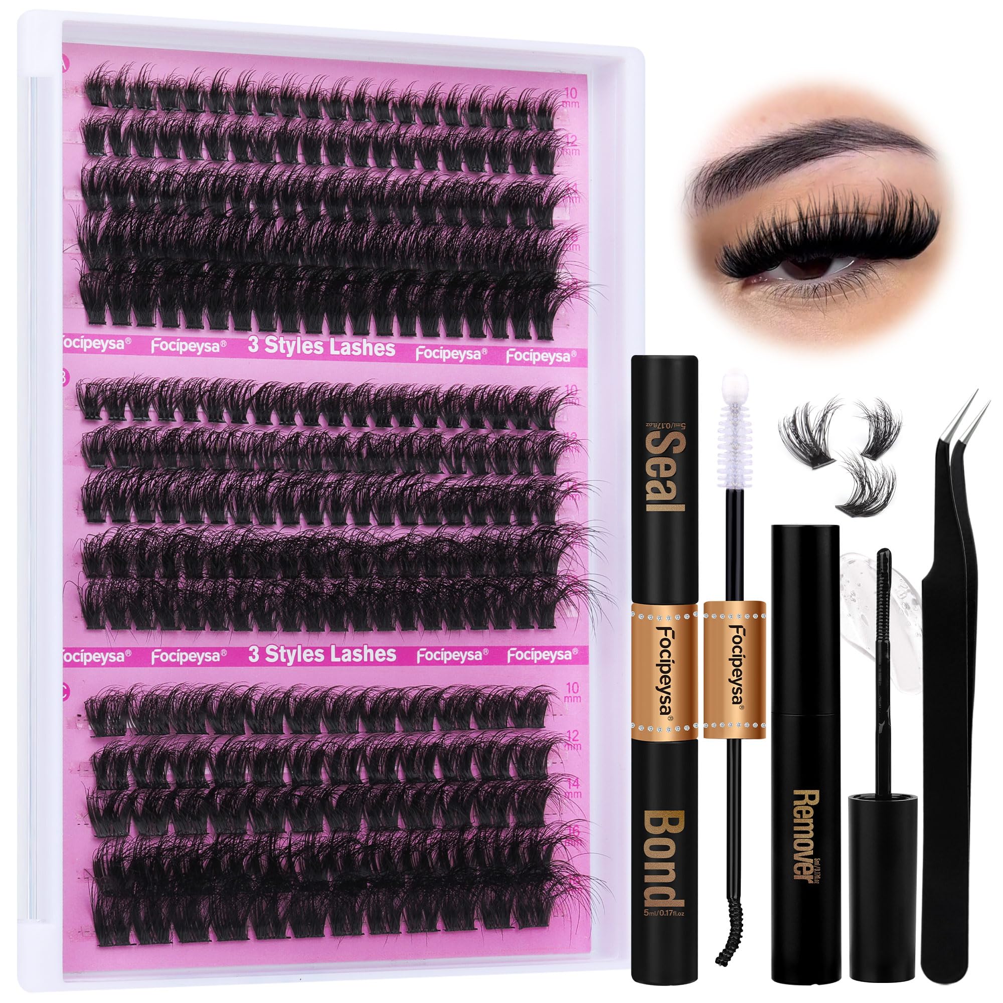 DIY Eyelash Extension Kit Volume Fluffy Lash Clusters Kit 10-18mm Thick Lash Extensions 90D Individual Eyelashes Extensions Kit with Lash Bond, Lash Remover, Lash Applicator (90D-D Curl-200Pcs)