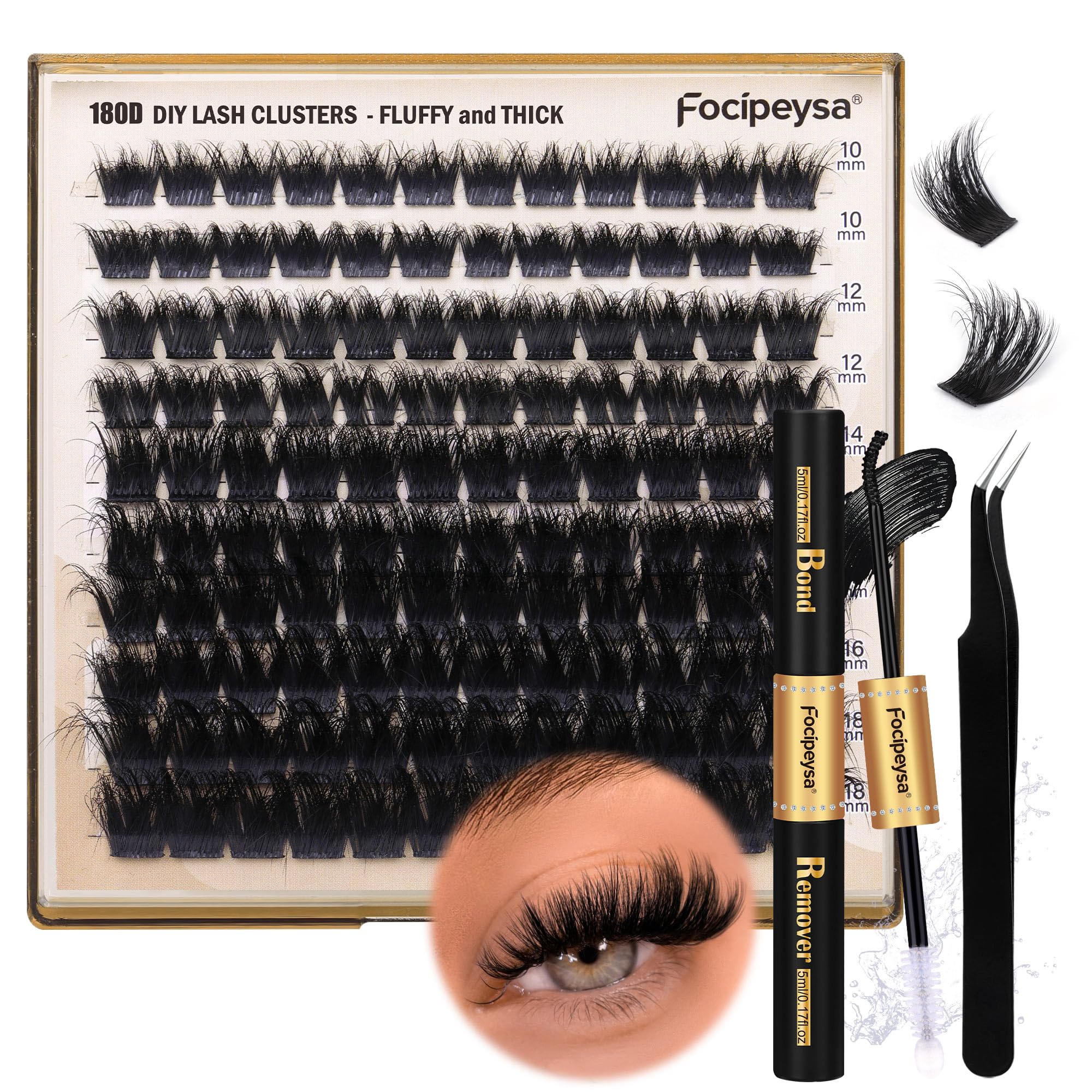 DIY Eyelash Extension Kit Volume Fluffy Lash Clusters Kit 10-18mm Thick Lash Extensions 90D Individual Eyelashes Extensions Kit with Lash Bond, Lash Remover, Lash Applicator (90D-D Curl-200Pcs)