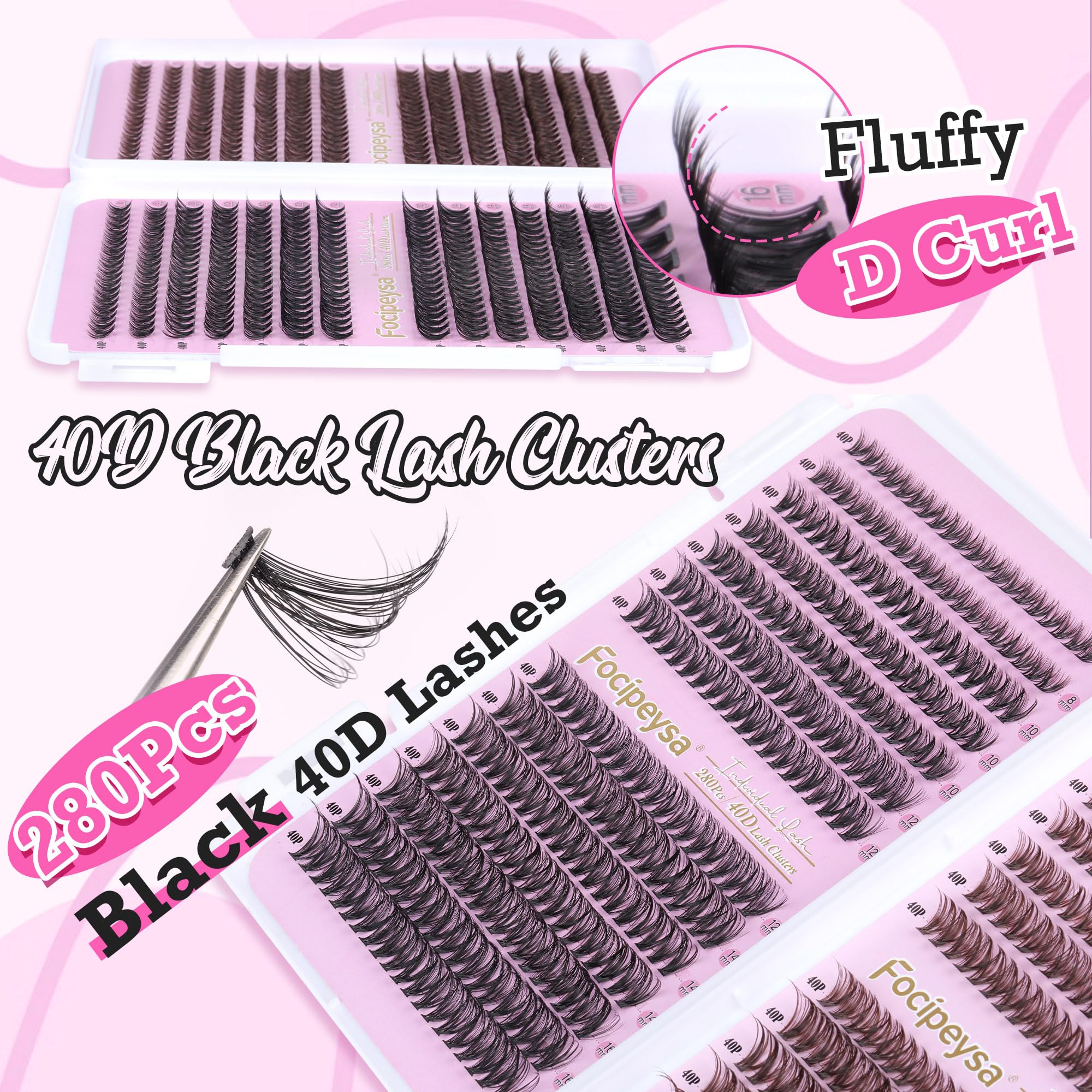 DIY Eyelash Extension Kit Volume Fluffy Lash Clusters Kit 10-18mm Thick Lash Extensions 90D Individual Eyelashes Extensions Kit with Lash Bond, Lash Remover, Lash Applicator (90D-D Curl-200Pcs)