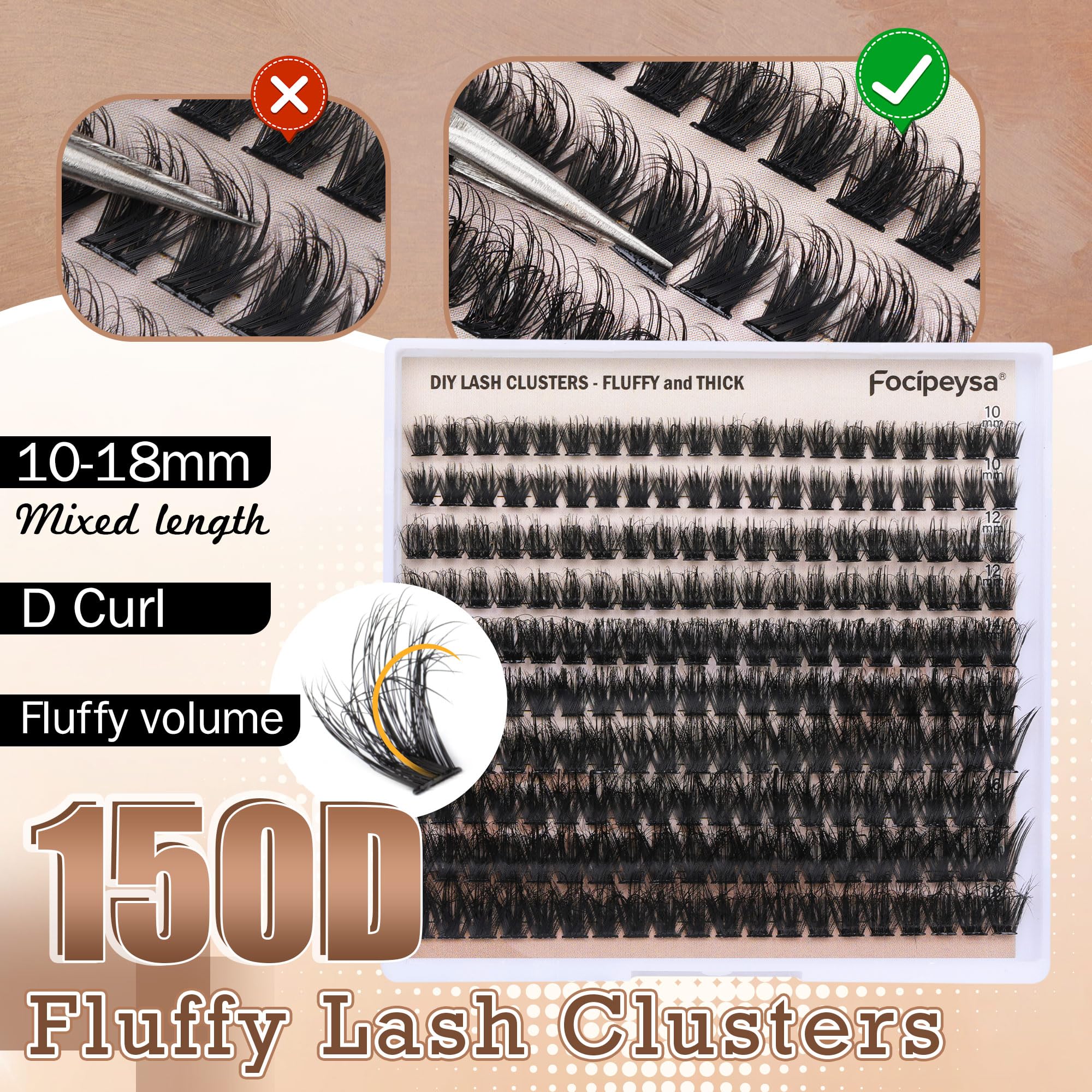 DIY Eyelash Extension Kit Volume Fluffy Lash Clusters Kit 10-18mm Thick Lash Extensions 90D Individual Eyelashes Extensions Kit with Lash Bond, Lash Remover, Lash Applicator (90D-D Curl-200Pcs)