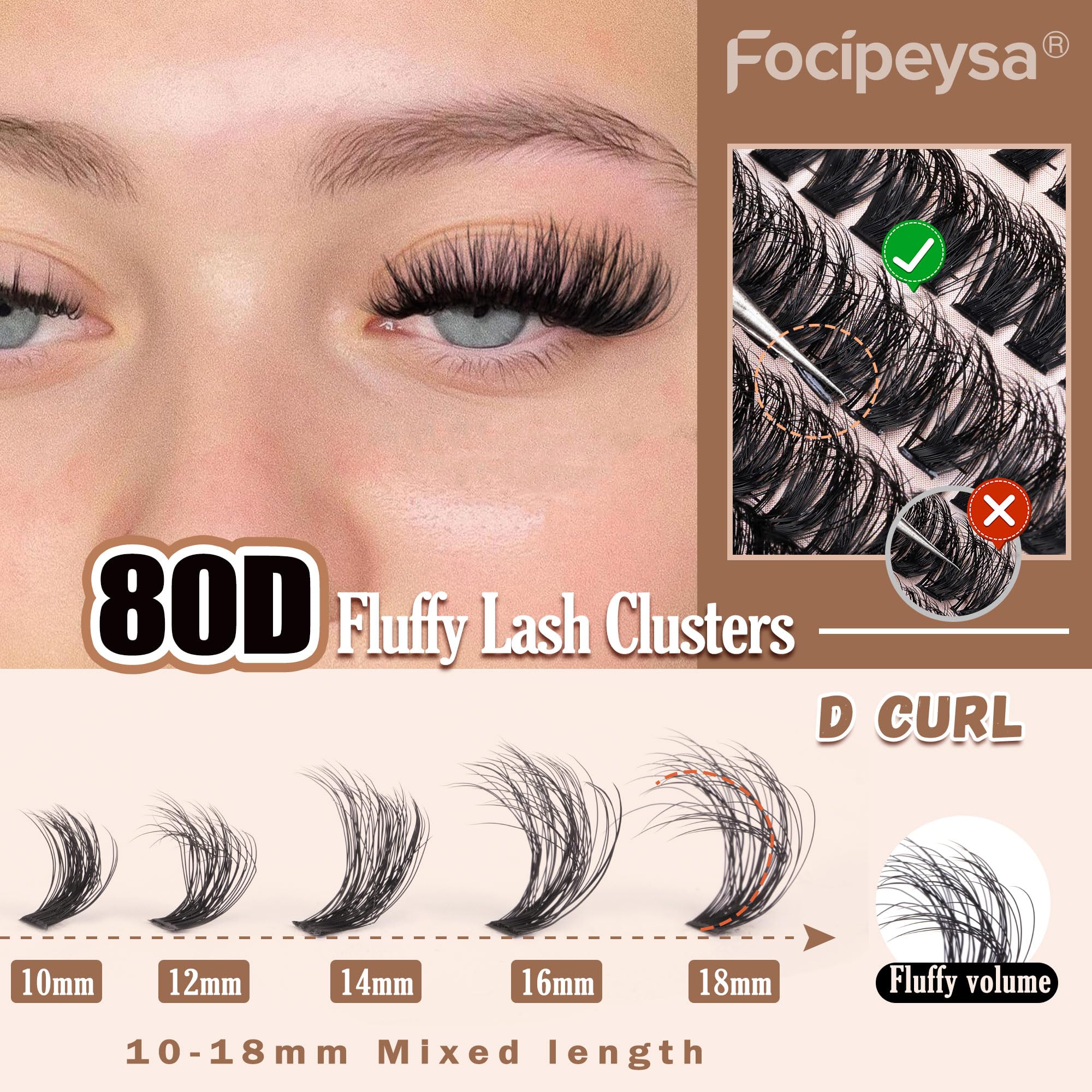 DIY Eyelash Extension Kit Volume Fluffy Lash Clusters Kit 10-18mm Thick Lash Extensions 90D Individual Eyelashes Extensions Kit with Lash Bond, Lash Remover, Lash Applicator (90D-D Curl-200Pcs)