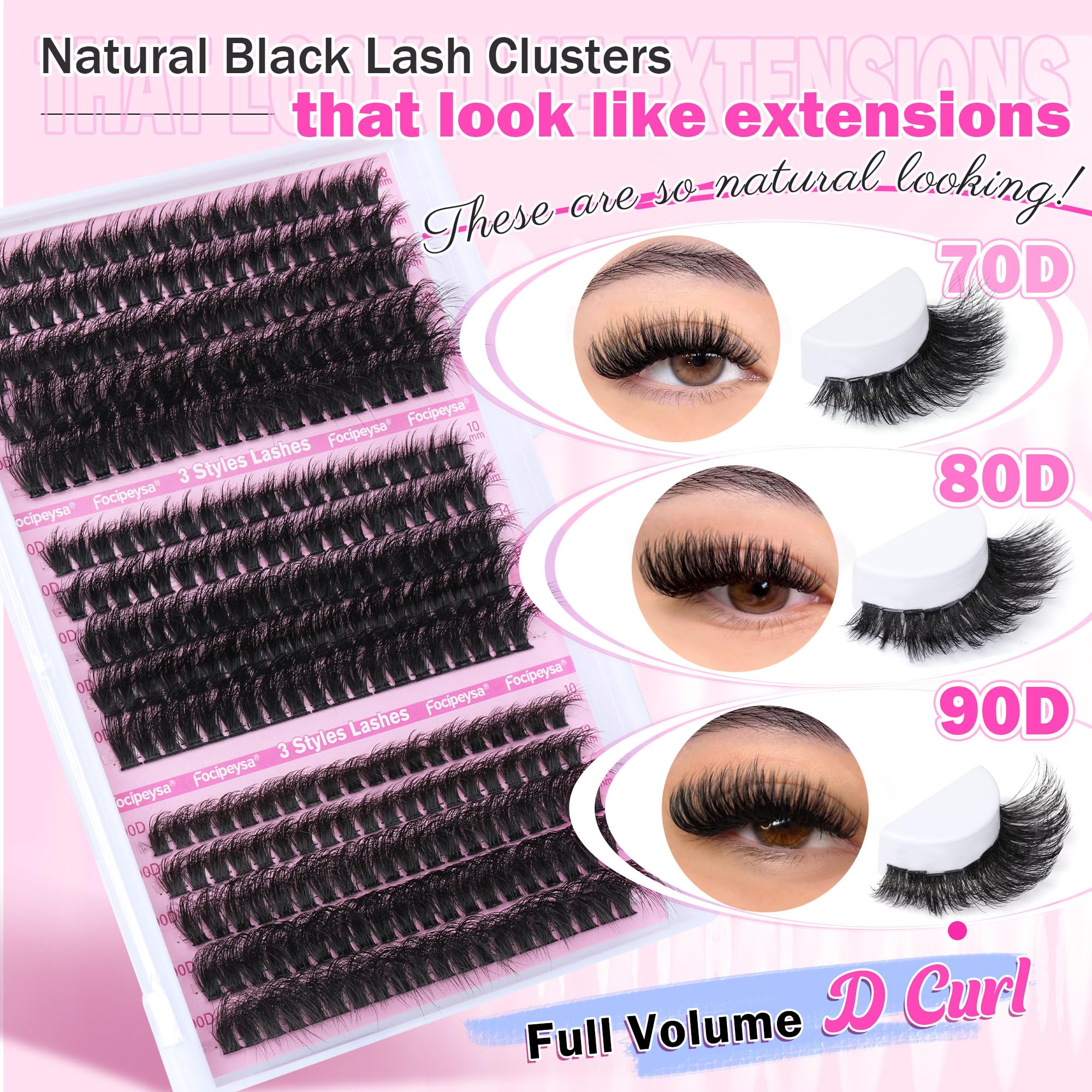 DIY Eyelash Extension Kit Volume Fluffy Lash Clusters Kit 10-18mm Thick Lash Extensions 90D Individual Eyelashes Extensions Kit with Lash Bond, Lash Remover, Lash Applicator (90D-D Curl-200Pcs)