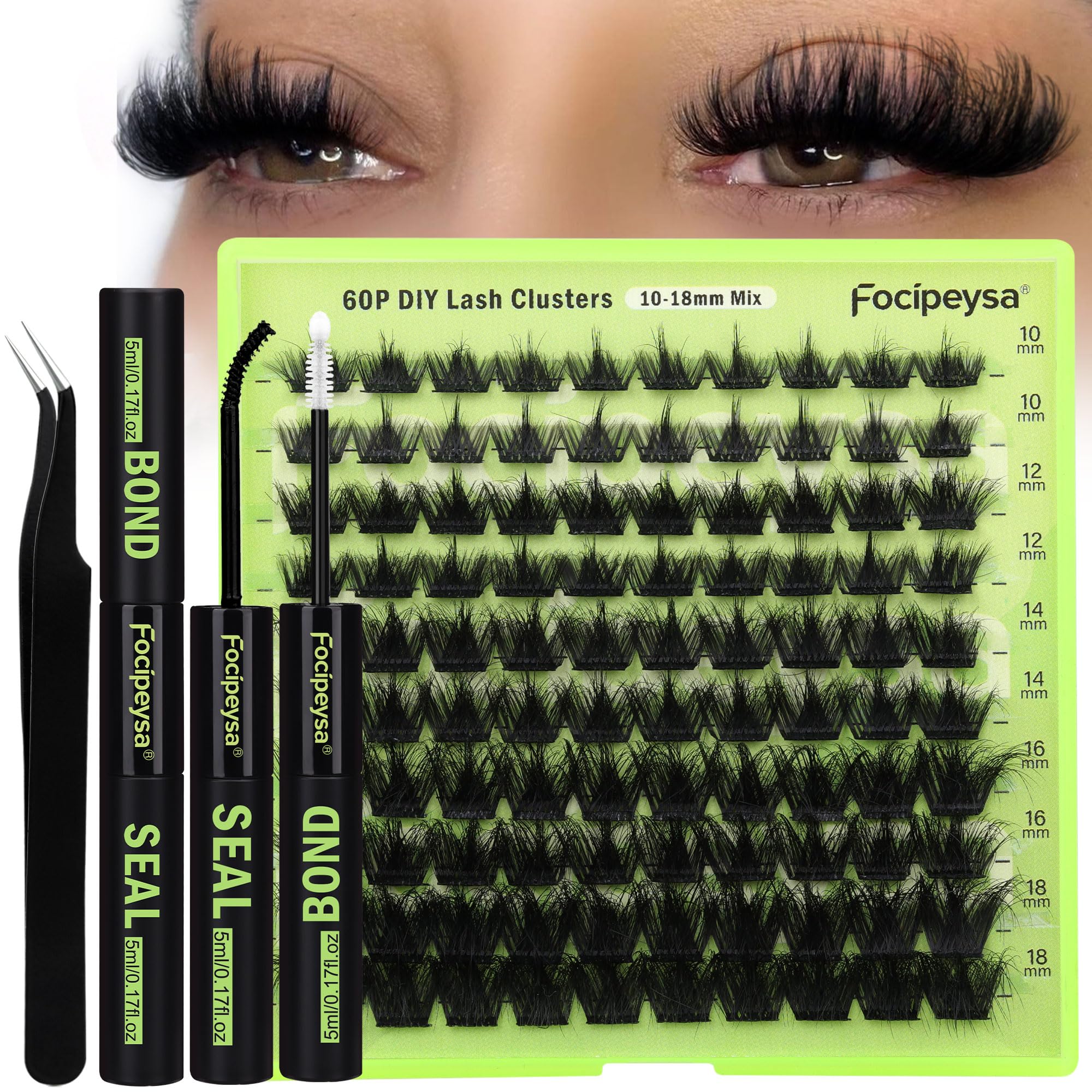 DIY Eyelash Extension Kit Volume Fluffy Lash Clusters Kit 10-18mm Thick Lash Extensions 90D Individual Eyelashes Extensions Kit with Lash Bond, Lash Remover, Lash Applicator (90D-D Curl-200Pcs)