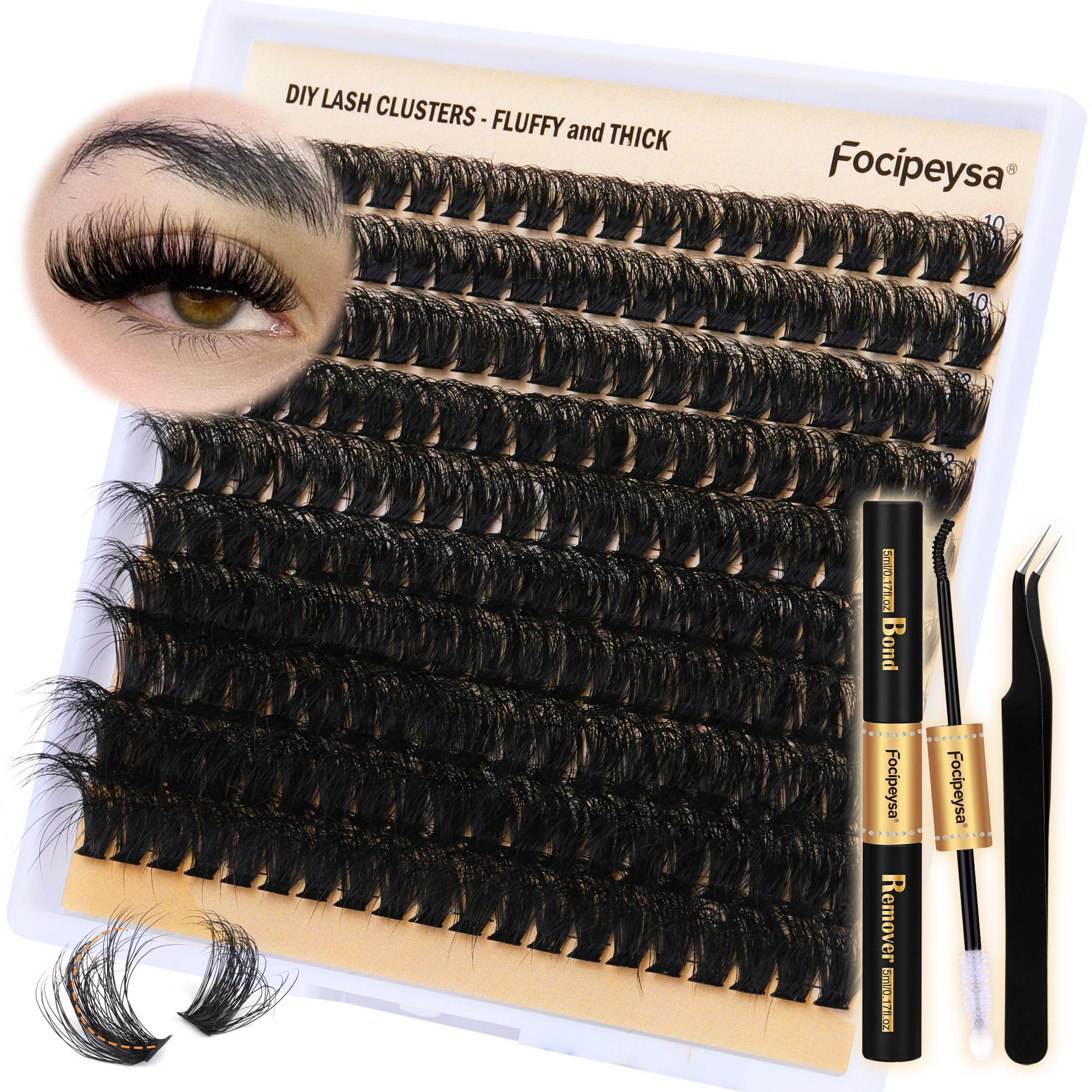 DIY Eyelash Extension Kit Volume Fluffy Lash Clusters Kit 10-18mm Thick Lash Extensions 90D Individual Eyelashes Extensions Kit with Lash Bond, Lash Remover, Lash Applicator (90D-D Curl-200Pcs)