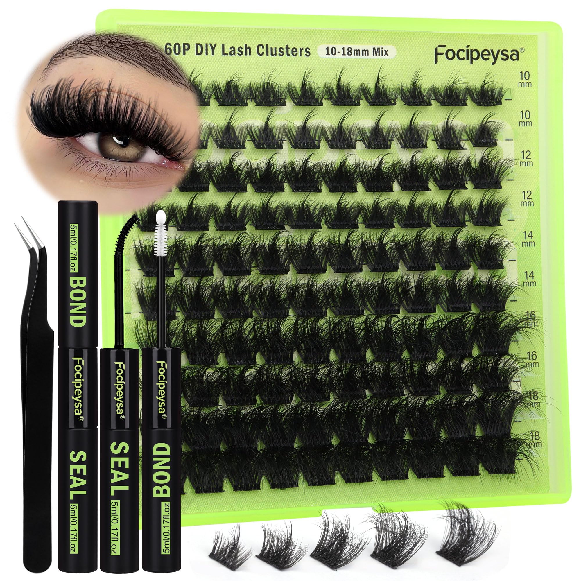 DIY Eyelash Extension Kit Volume Fluffy Lash Clusters Kit 10-18mm Thick Lash Extensions 90D Individual Eyelashes Extensions Kit with Lash Bond, Lash Remover, Lash Applicator (90D-D Curl-200Pcs)