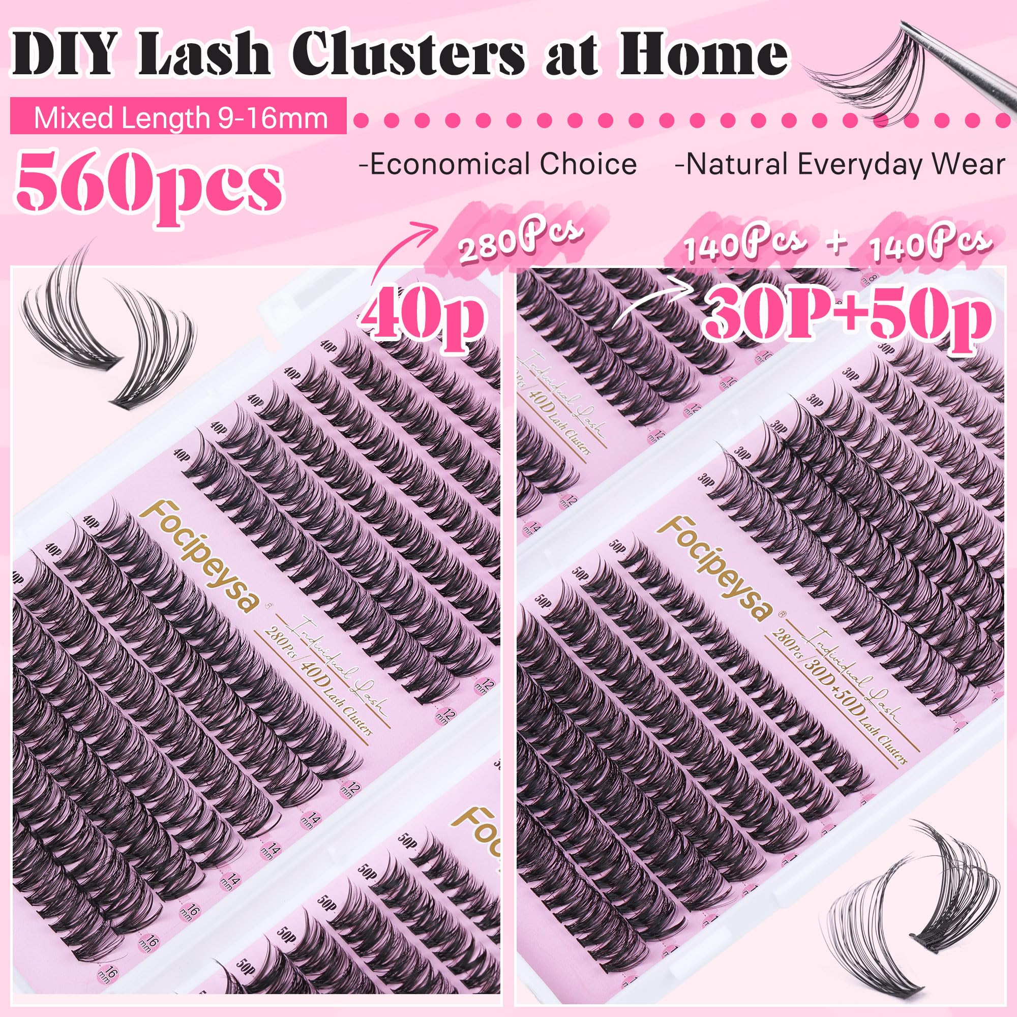 DIY Eyelash Extension Kit Volume Fluffy Lash Clusters Kit 10-18mm Thick Lash Extensions 90D Individual Eyelashes Extensions Kit with Lash Bond, Lash Remover, Lash Applicator (90D-D Curl-200Pcs)