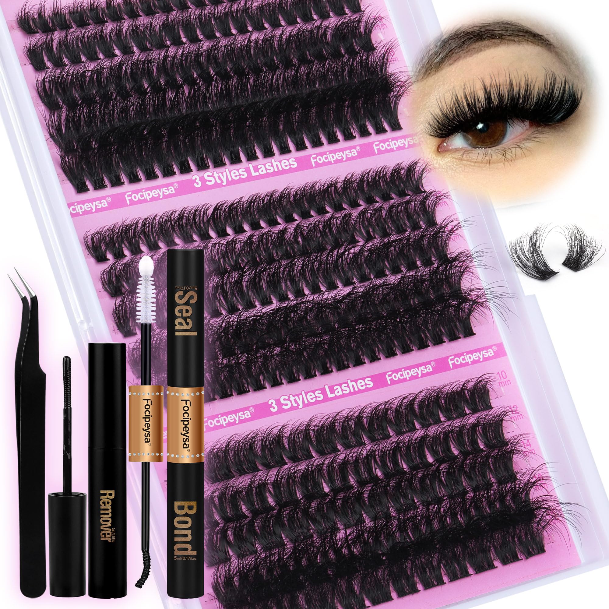 DIY Eyelash Extension Kit Volume Fluffy Lash Clusters Kit 10-18mm Thick Lash Extensions 90D Individual Eyelashes Extensions Kit with Lash Bond, Lash Remover, Lash Applicator (90D-D Curl-200Pcs)