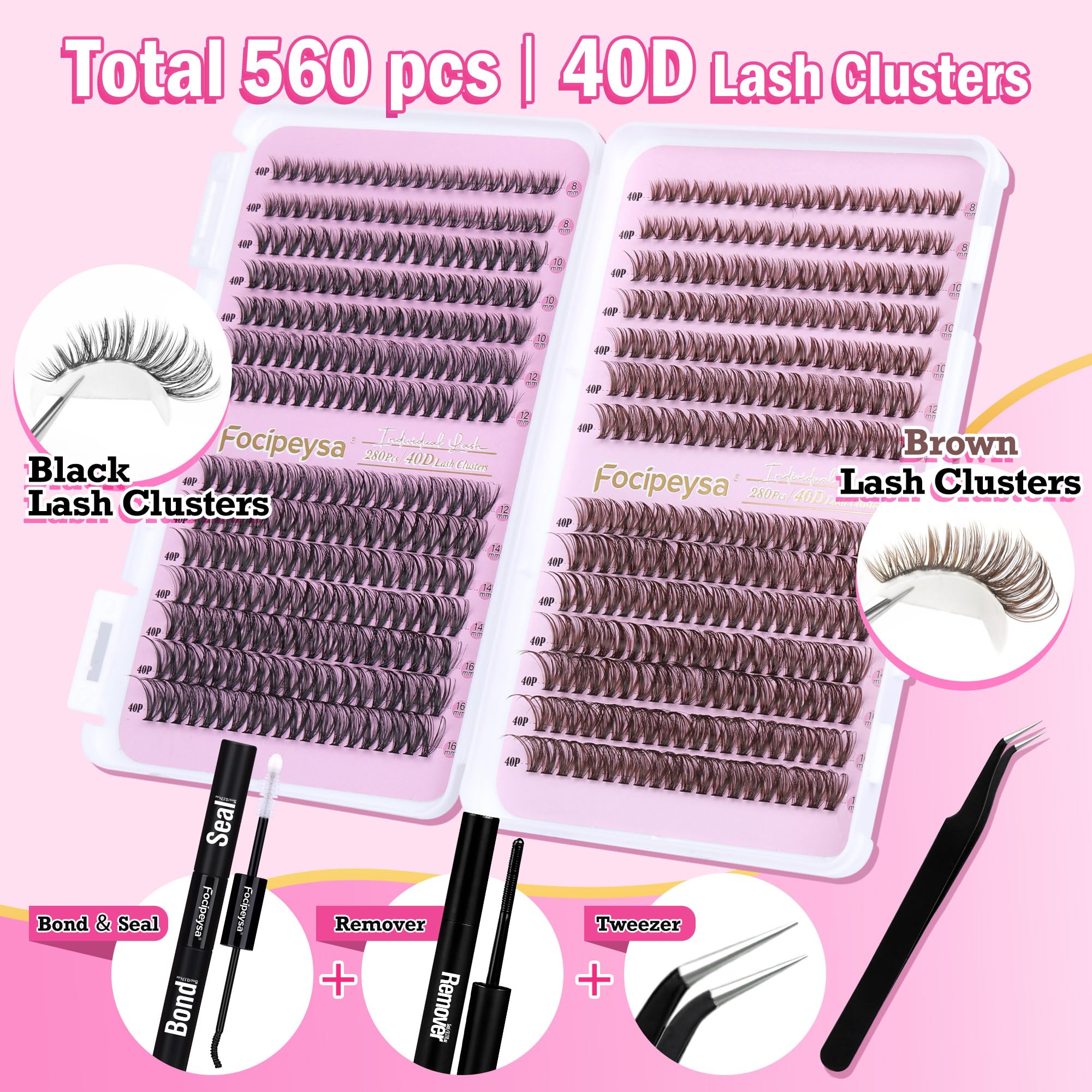 DIY Eyelash Extension Kit Volume Fluffy Lash Clusters Kit 10-18mm Thick Lash Extensions 90D Individual Eyelashes Extensions Kit with Lash Bond, Lash Remover, Lash Applicator (90D-D Curl-200Pcs)