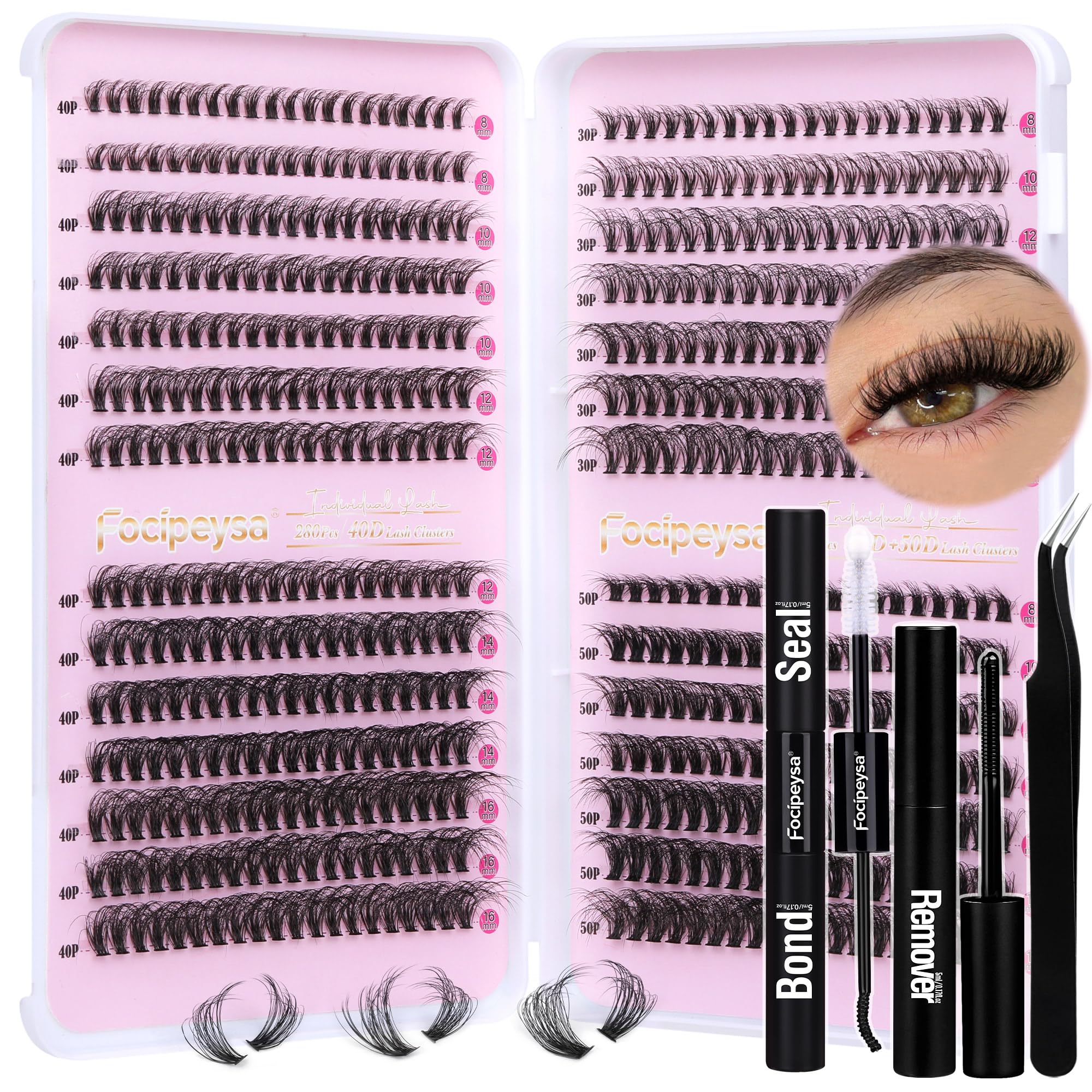 DIY Eyelash Extension Kit Volume Fluffy Lash Clusters Kit 10-18mm Thick Lash Extensions 90D Individual Eyelashes Extensions Kit with Lash Bond, Lash Remover, Lash Applicator (90D-D Curl-200Pcs)