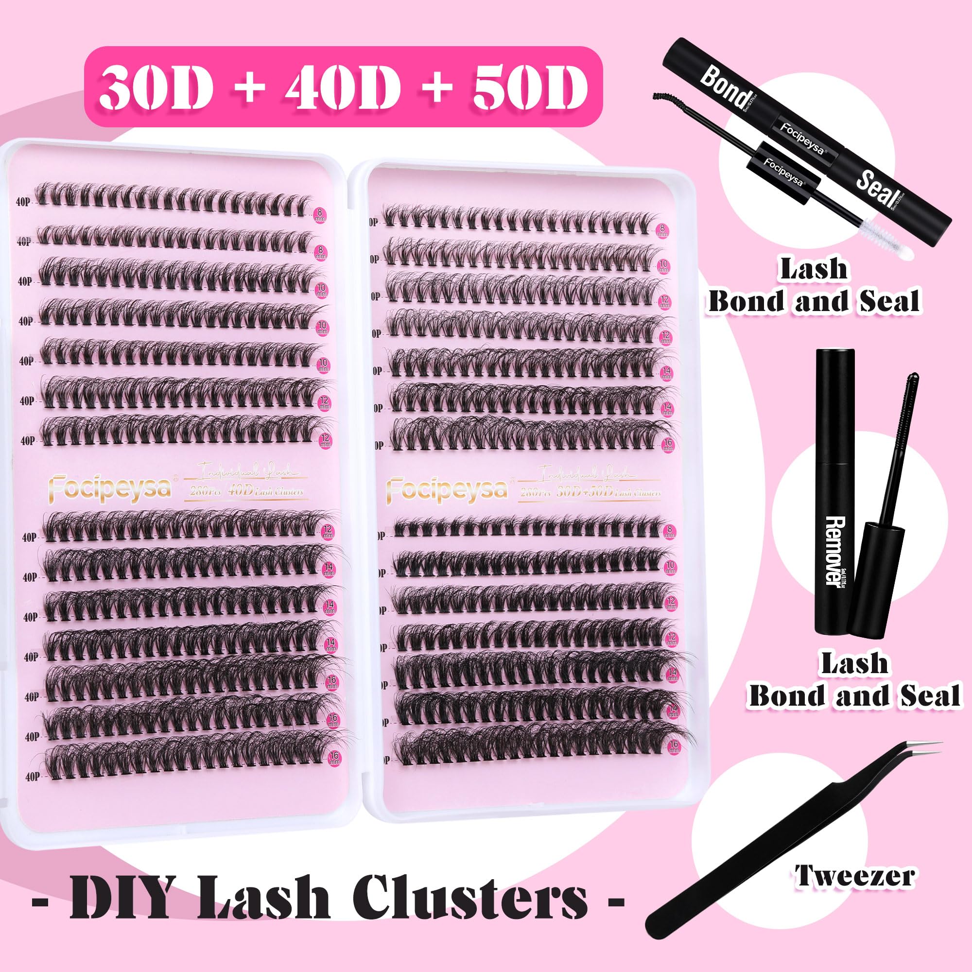 DIY Eyelash Extension Kit Volume Fluffy Lash Clusters Kit 10-18mm Thick Lash Extensions 90D Individual Eyelashes Extensions Kit with Lash Bond, Lash Remover, Lash Applicator (90D-D Curl-200Pcs)