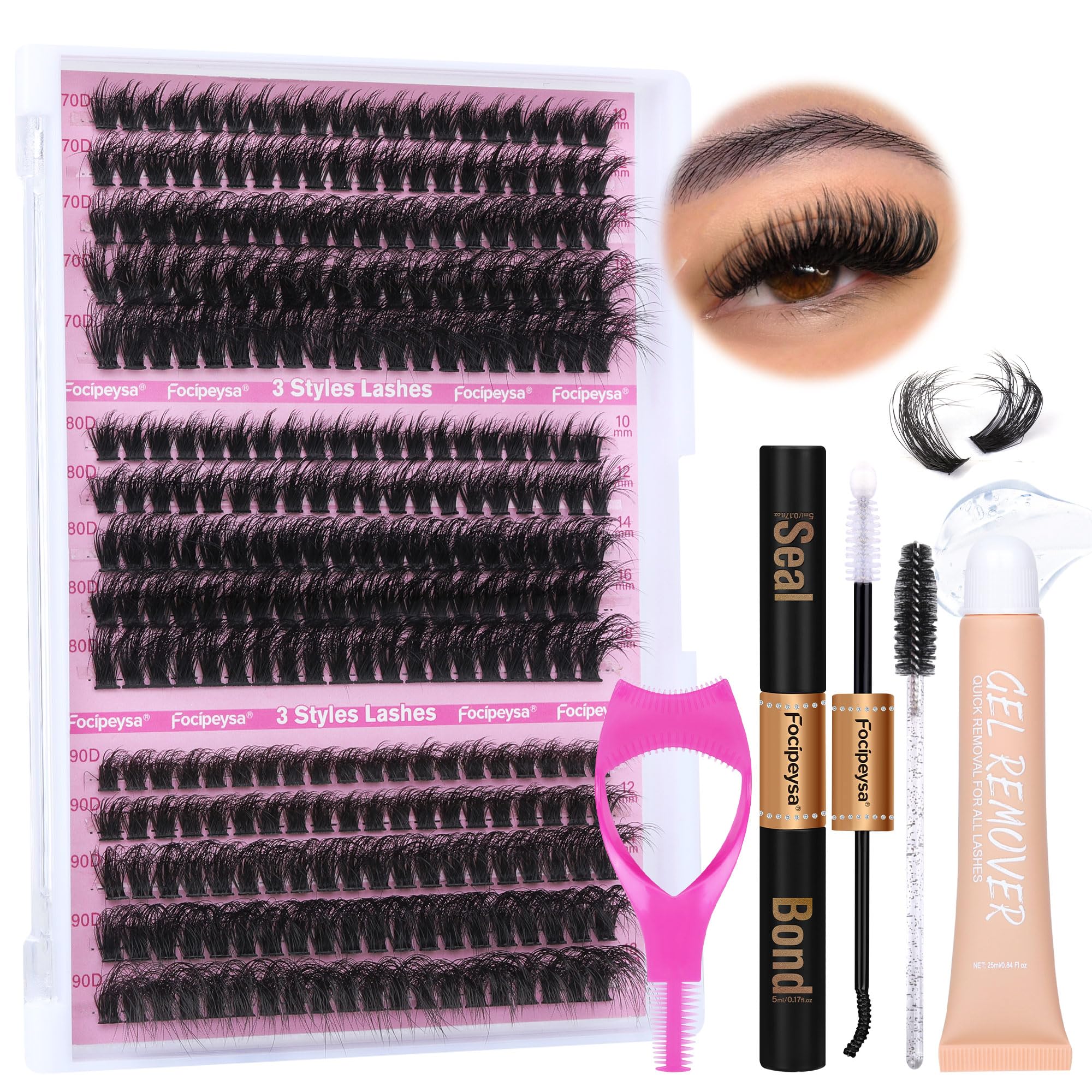 DIY Eyelash Extension Kit Volume Fluffy Lash Clusters Kit 10-18mm Thick Lash Extensions 90D Individual Eyelashes Extensions Kit with Lash Bond, Lash Remover, Lash Applicator (90D-D Curl-200Pcs)