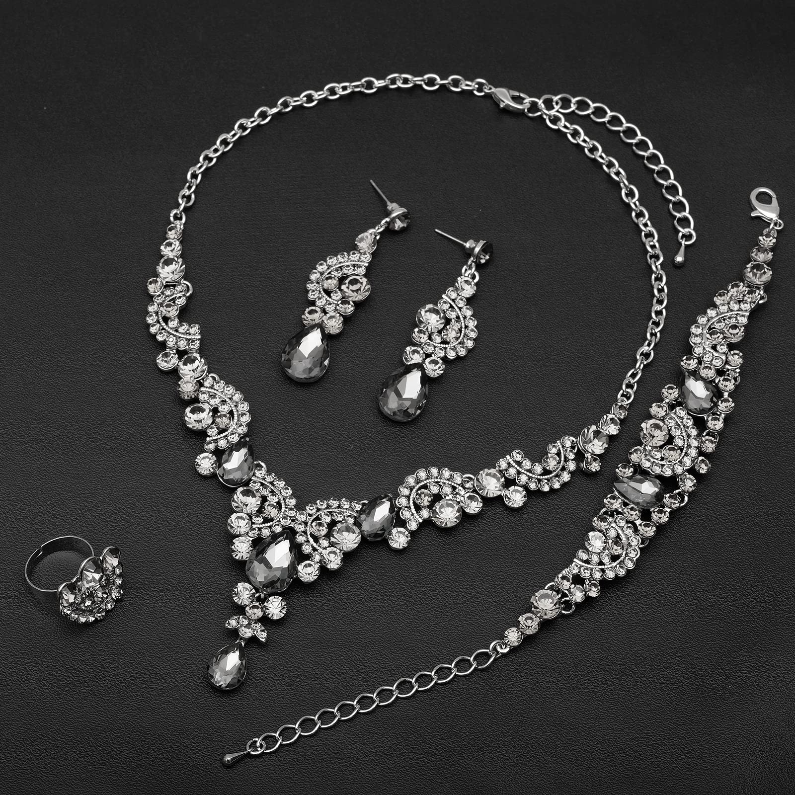 CSY Elegant Crystal Necklace Earrings Bracelet Ring Bridal Wedding Party Costume Jewelry Sets for Brides Women