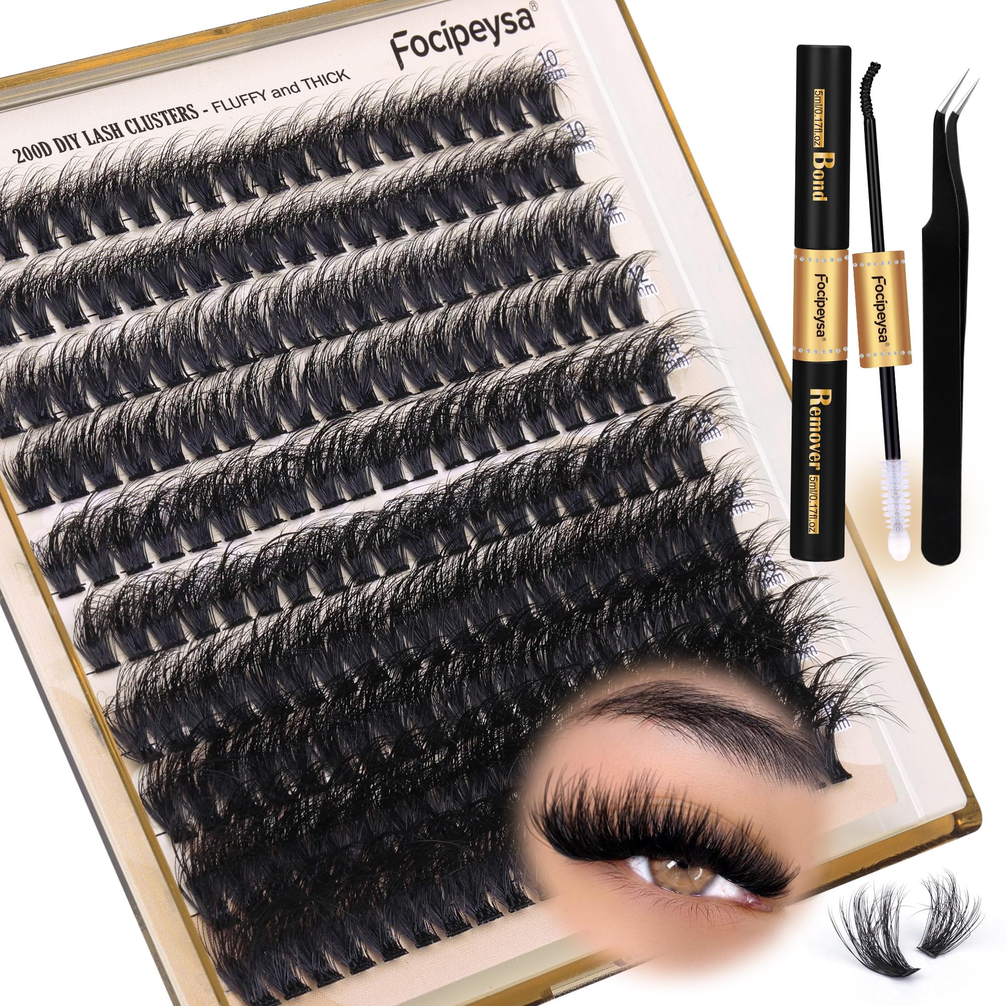 DIY Eyelash Extension Kit Volume Fluffy Lash Clusters Kit 10-18mm Thick Lash Extensions 90D Individual Eyelashes Extensions Kit with Lash Bond, Lash Remover, Lash Applicator (90D-D Curl-200Pcs)