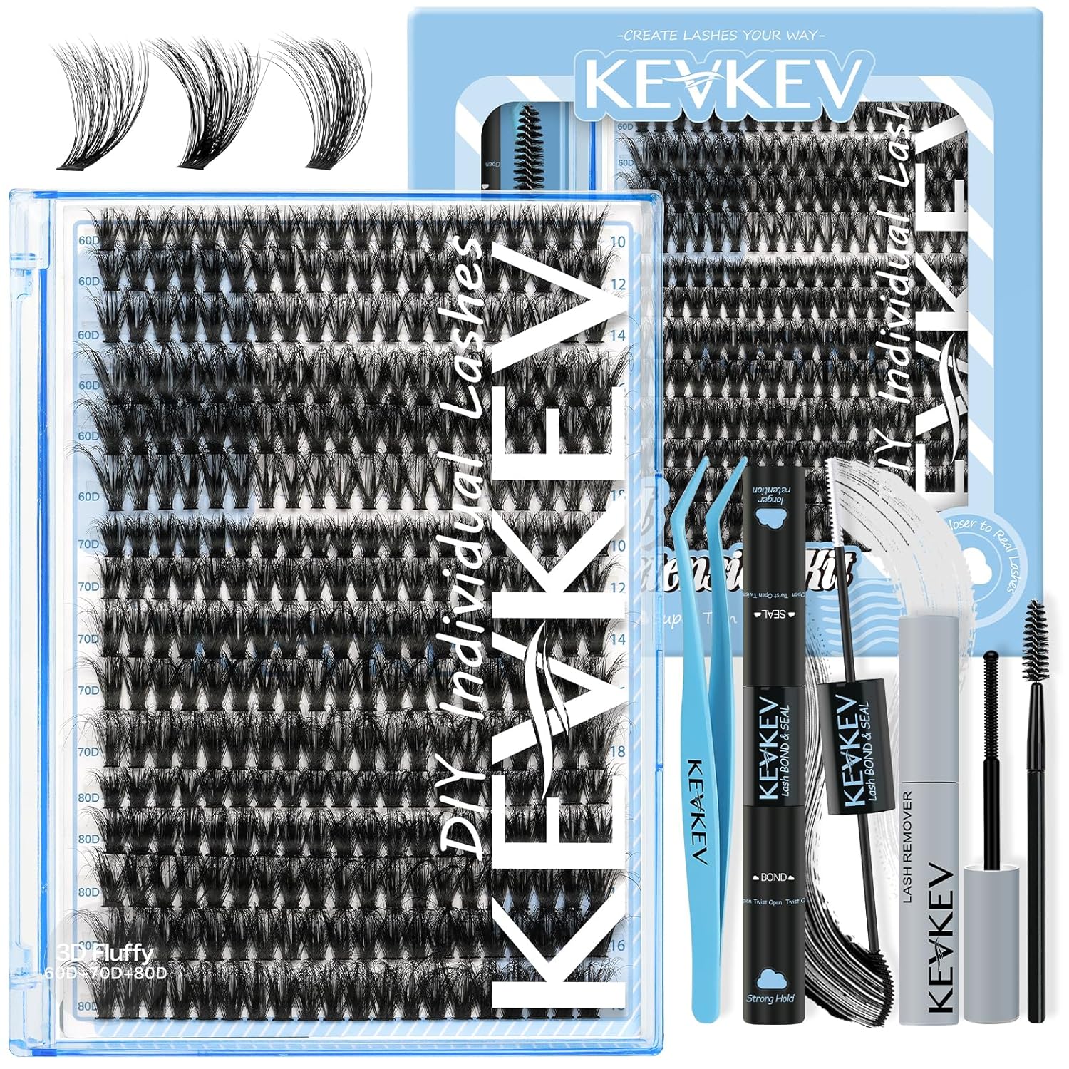 KevKev Lash Extension Kit 320pcs Fluffy Lash Clusters Kit 60D+70D+80D Mixed 0.05D Softer Individual Lashes Natural Cluster Eyelash Extension Kit with Lash Bond and Seal, Lash Remover, Lash Applicators